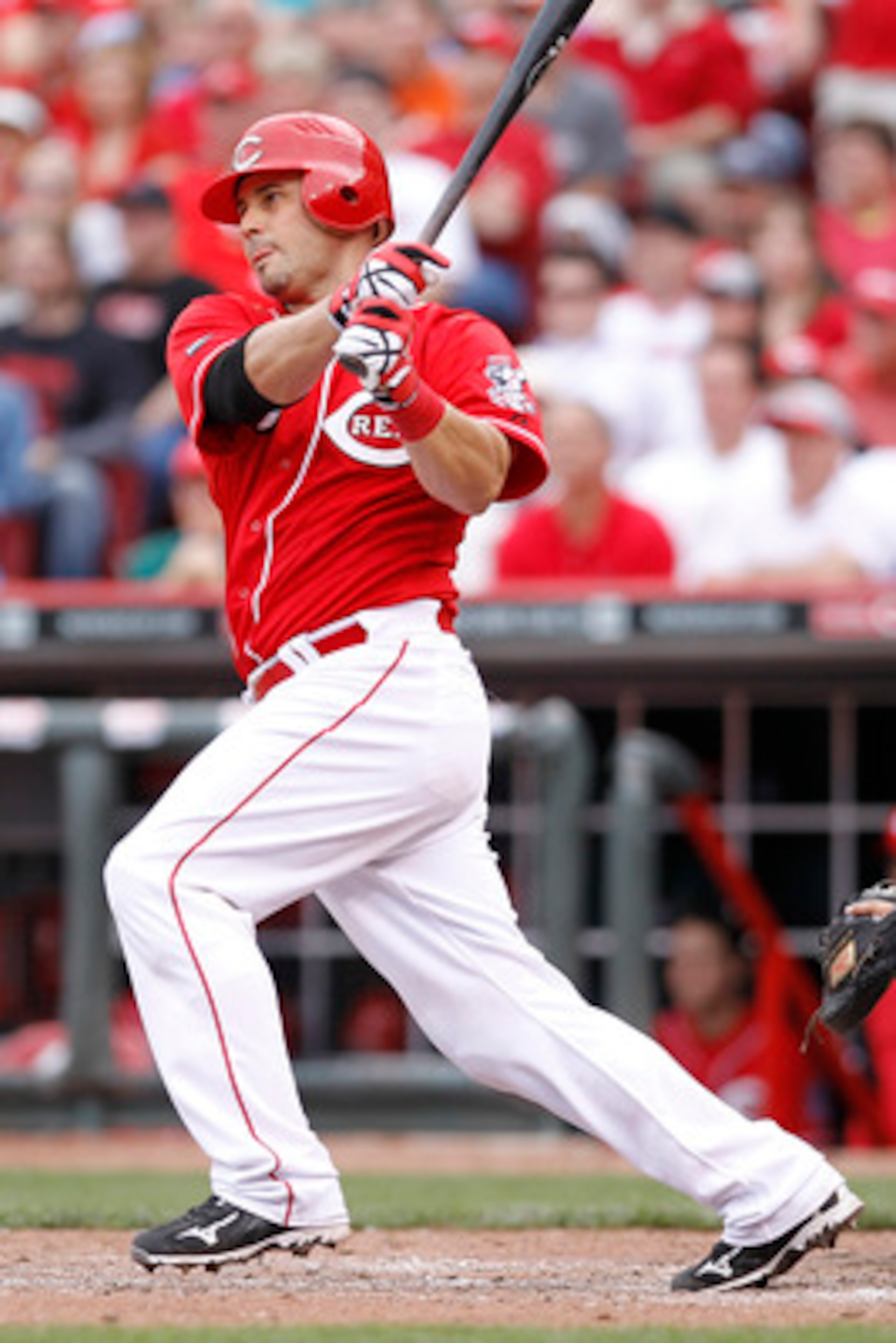 CINCINNATI, OH - MAY 14: Ramon Hernandez #55 of the Cincinnati Reds singles in the eighth inning against the St. Louis Cardinals at Great American Ball Park on May 14, 2011 in Cincinnati, Ohio. The Reds defeated the Cardinals 7-3. (Photo by Joe Robbins/Ge
