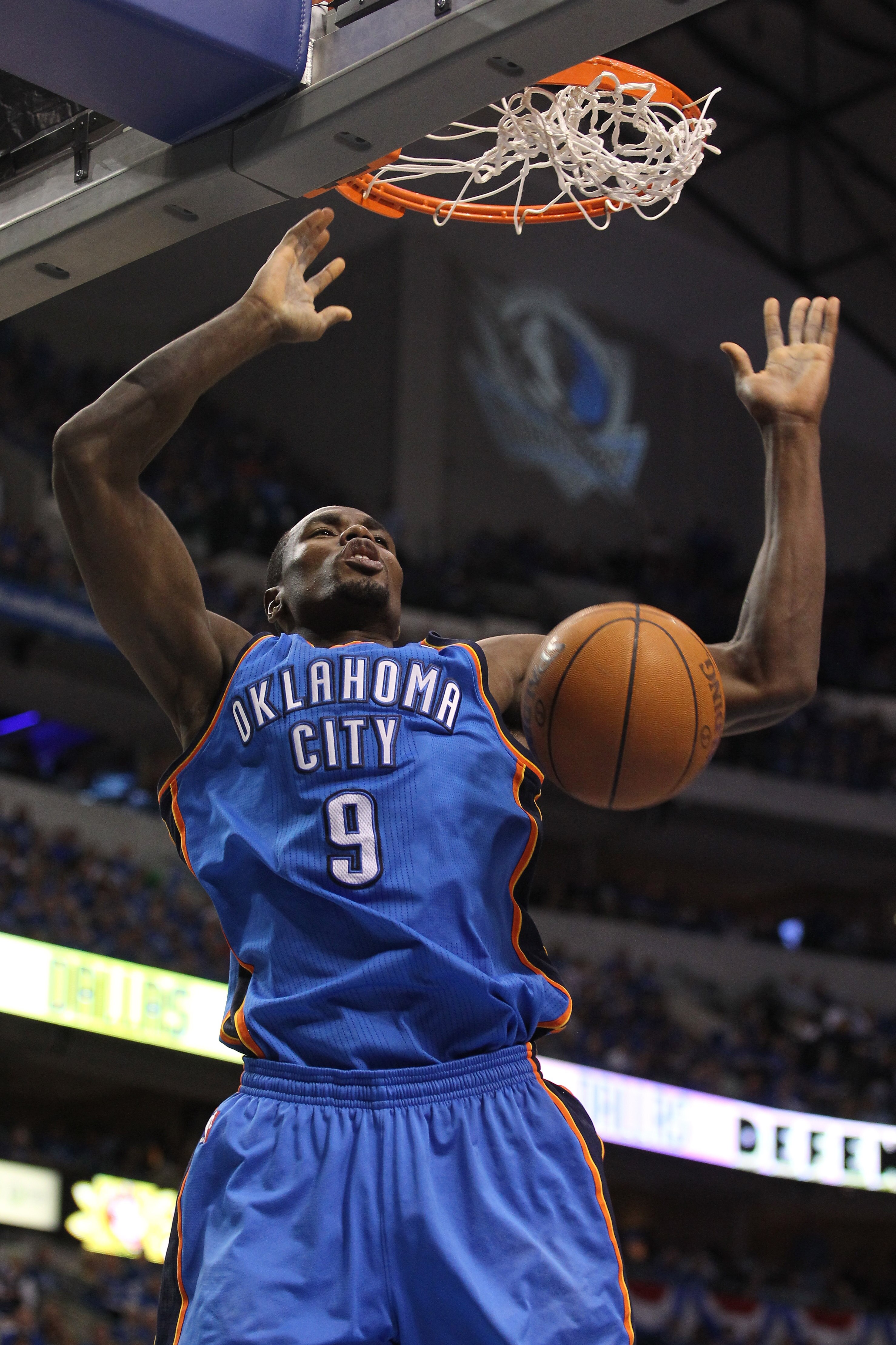 DALLAS, TX - MAY 17: Serge Ibaka #9 of the Oklahoma City Thunder dunks the ball in the second half while taking on the Dallas Mavericks in Game One of the Western Conference Finals during the 2011 NBA Playoffs at American Airlines Center on May 17, 2011 DALLAS, TX - MAY 17: Serge Ibaka #9 of the Oklahoma City Thunder dunks the ball in the second half while taking on the Dallas Mavericks in Game One of the Western Conference Finals during the 2011 NBA Playoffs at American Airlines Center on May 17, 2011