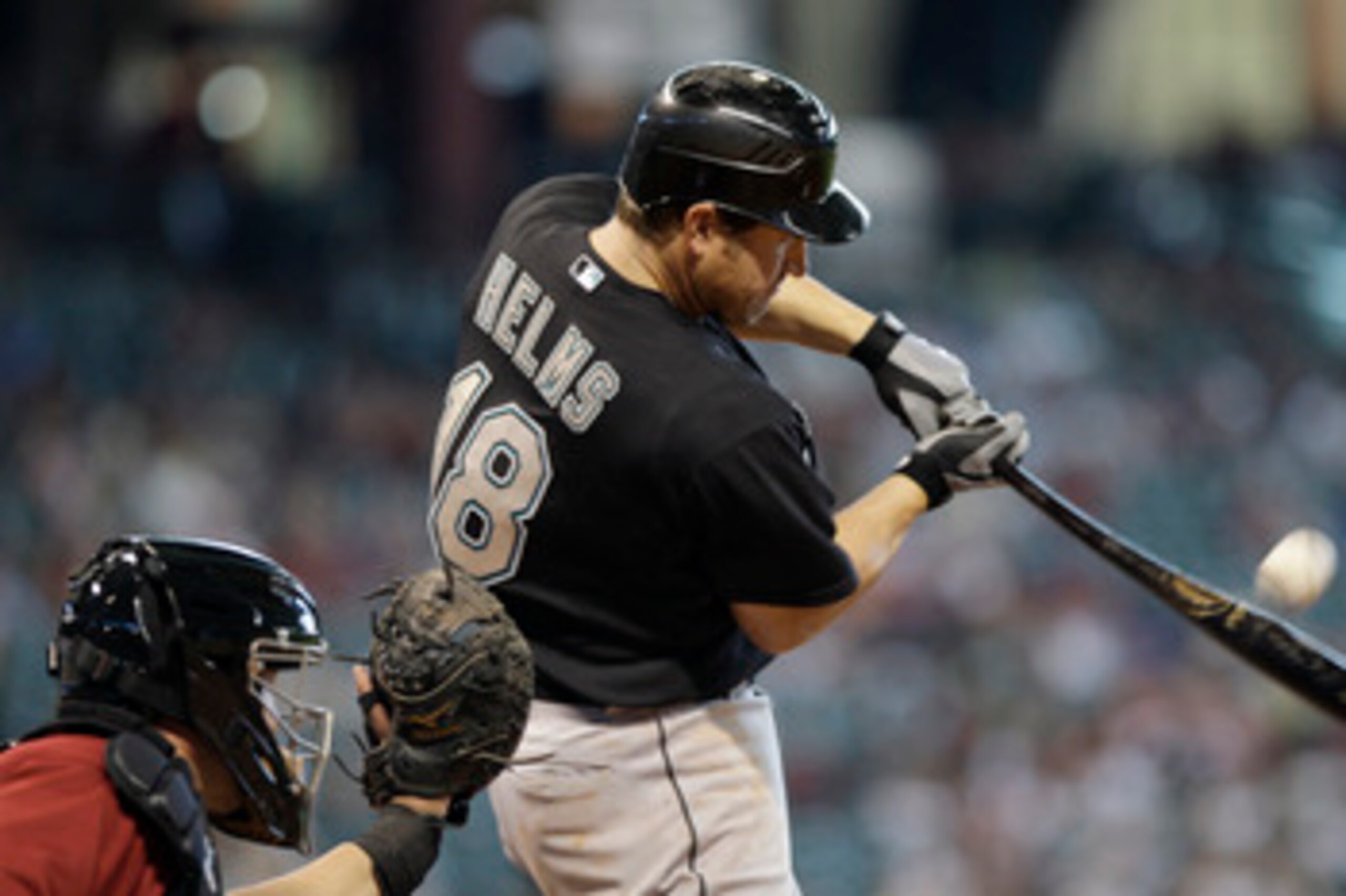 HOUSTON,TX- APRIL 10 : Wes Helms #18 of the Florida Marlins against the Houston Astros in a MLB  baseball game on April 10, 2011 at Minute Maid Park in Houston, Texas. (Photo by Thomas B. Shea / Getty Images)