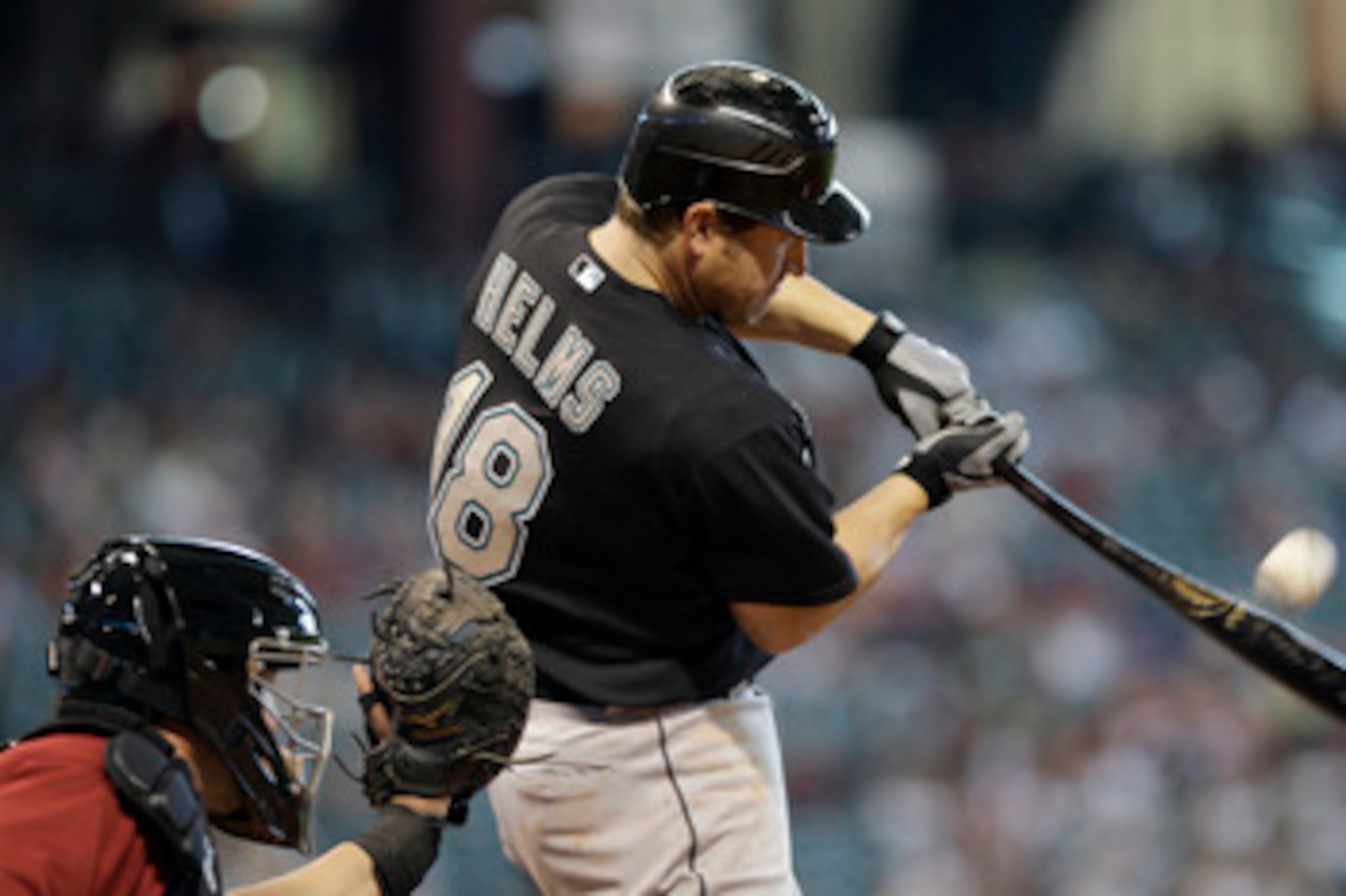HOUSTON,TX- APRIL 10 : Wes Helms #18 of the Florida Marlins against the Houston Astros in a MLB  baseball game on April 10, 2011 at Minute Maid Park in Houston, Texas. (Photo by Thomas B. Shea / Getty Images)