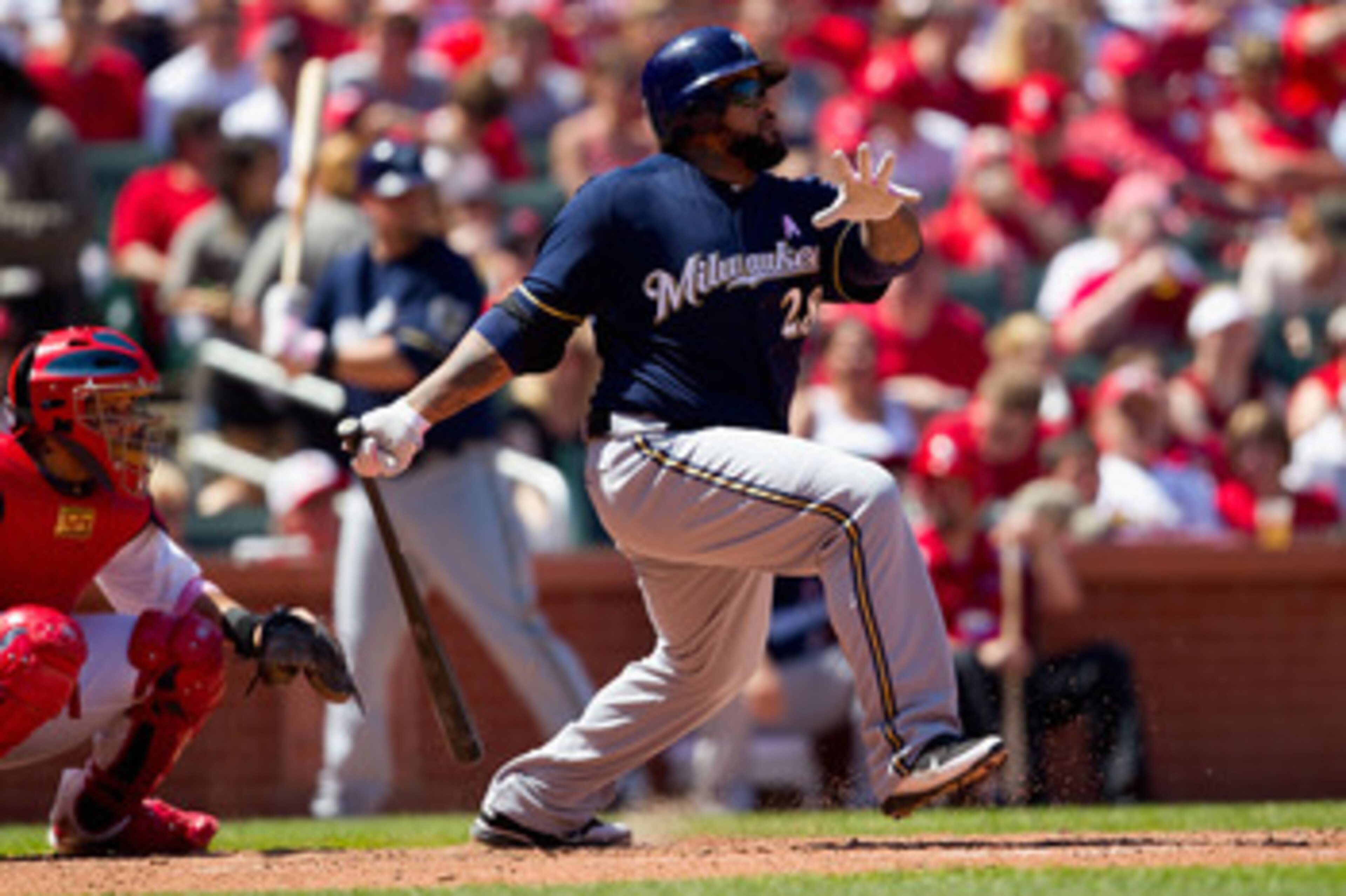 ST. LOUIS, MO - MAY 8: Prince Fielder #28 of the Milwaukee Brewers hits a single against the St. Louis Cardinals at Busch Stadium on May 8, 2011 in St. Louis, Missouri.  (Photo by Dilip Vishwanat/Getty Images)
