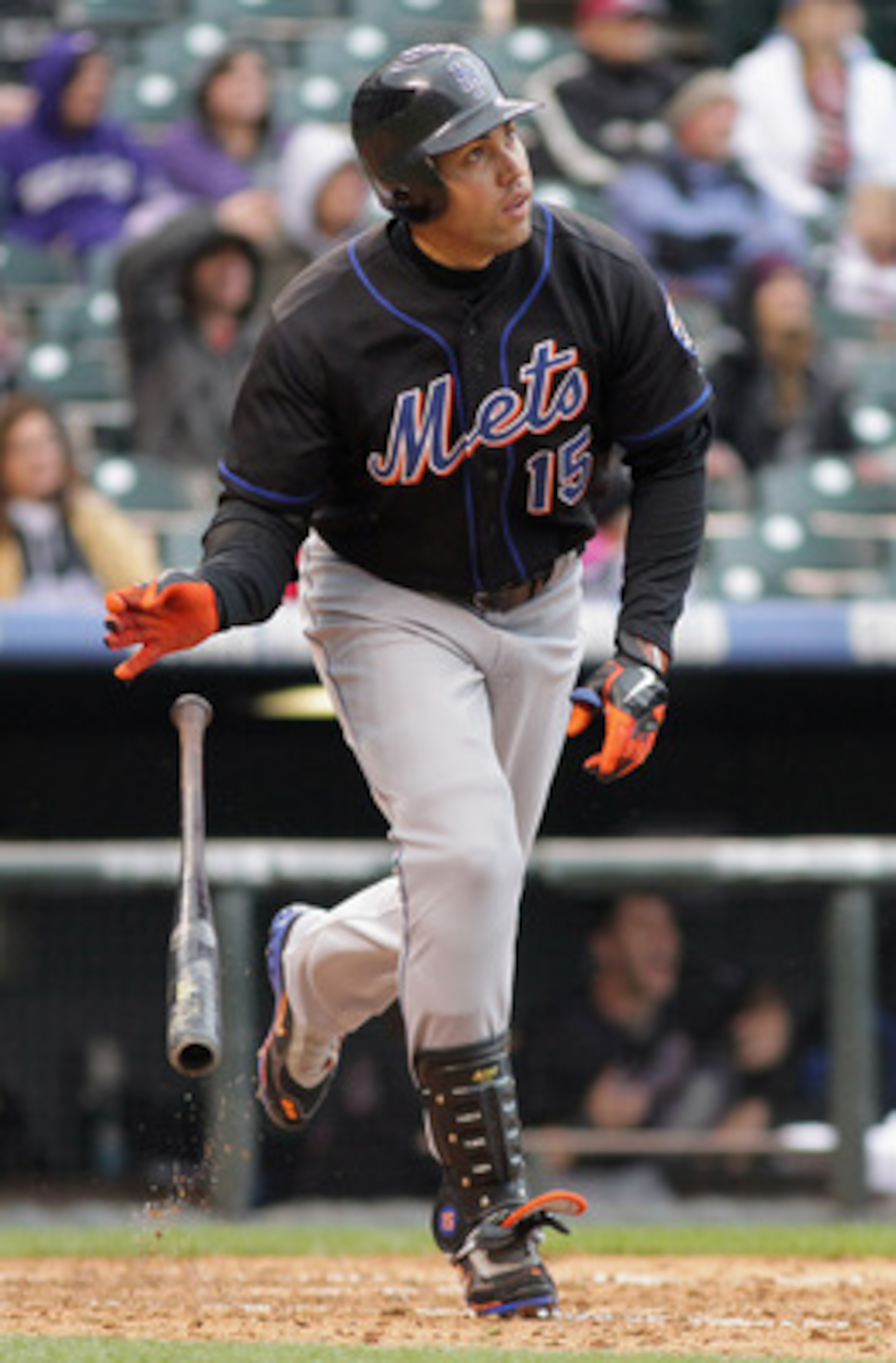 DENVER, CO - MAY 12:  Carlos Beltran #15 of the New York Mets watches his third home run of the game off of Matt Lindstrom of the Colorado Rockies in the ninth inning at Coors Field on May 12, 2011 in Denver, Colorado. Beltran had three homeruns and six R