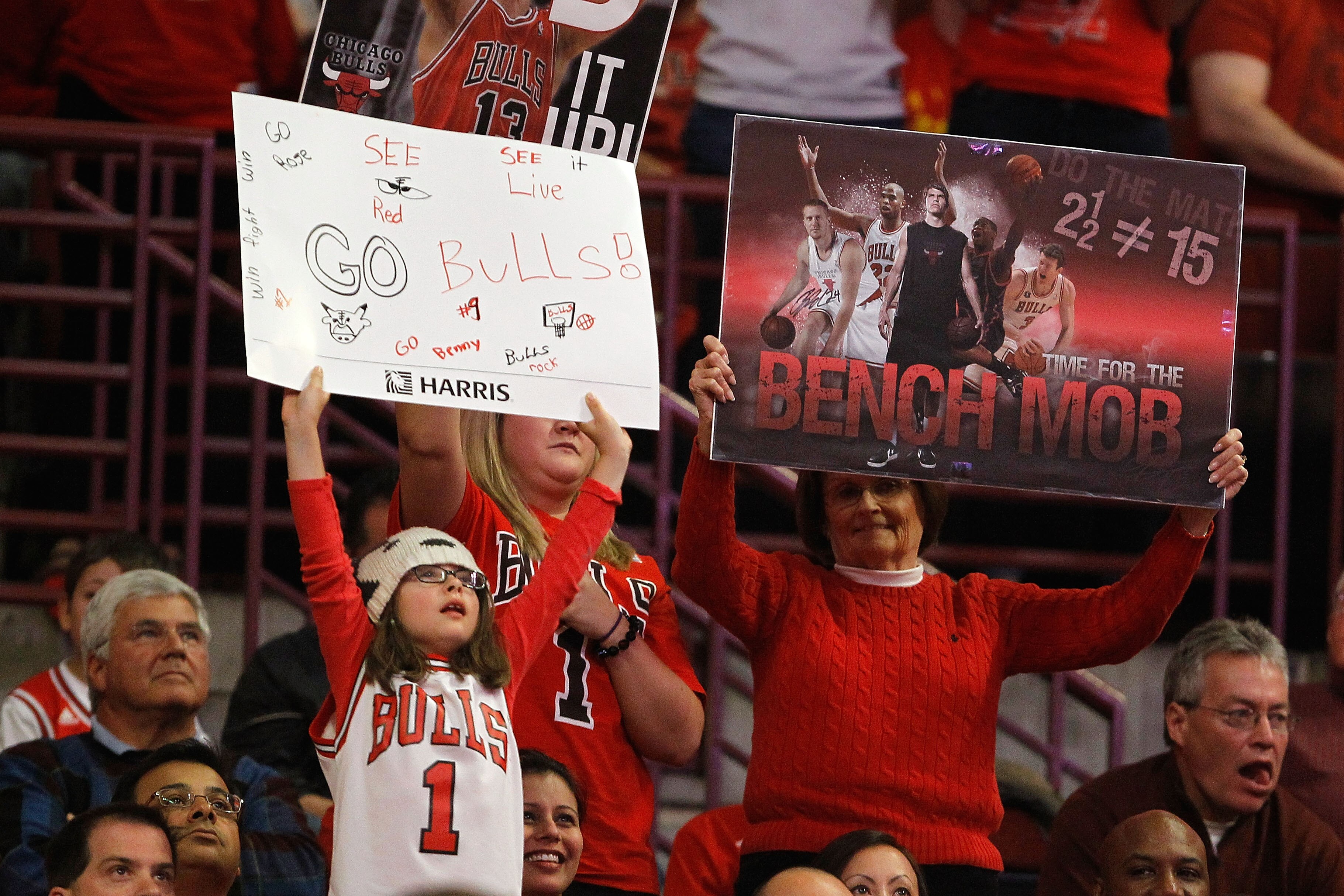 CHICAGO, IL - MAY 15:  Fans of the Chicago Bulls hold up signs in support of their team against the Miami Heat in Game One of the Eastern Conference Finals during the 2011 NBA Playoffs on May 15, 2011 at the United Center in Chicago, Illinois. NOTE TO USE