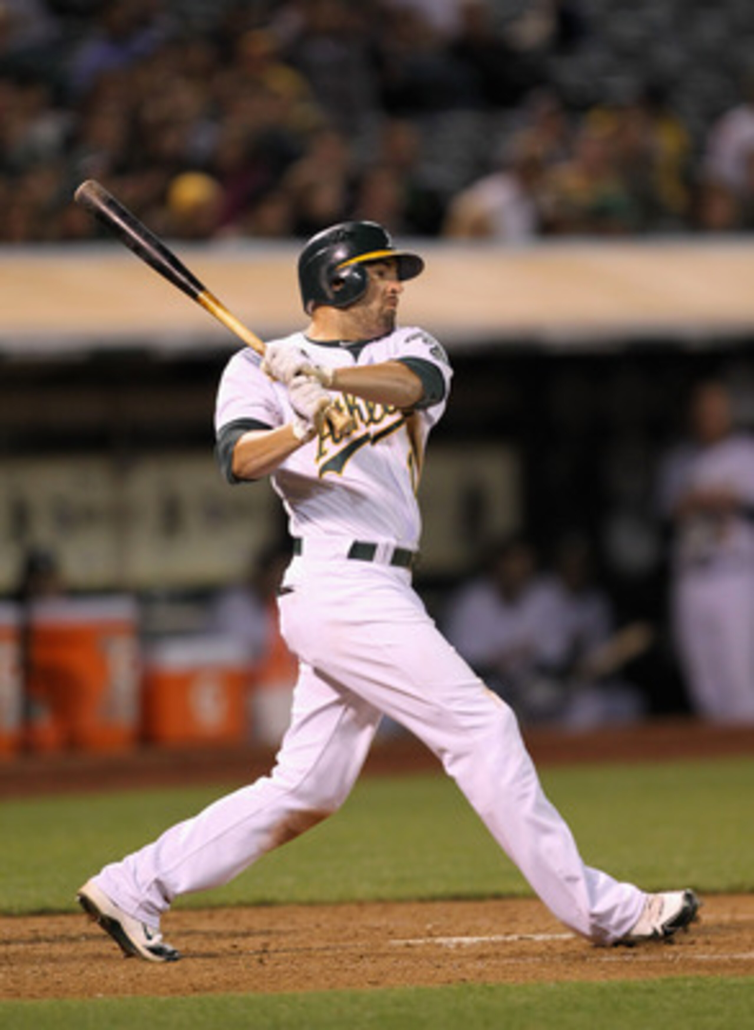 OAKLAND, CA - MAY 13: David DeJesus #12 of the Oakland singled in Hideki Matsui in the seventh inning against the Chicago White Sox at the Oakland-Alameda County Coliseum on May 13, 2011 in Oakland, California.  (Photo by Ezra Shaw/Getty Images)