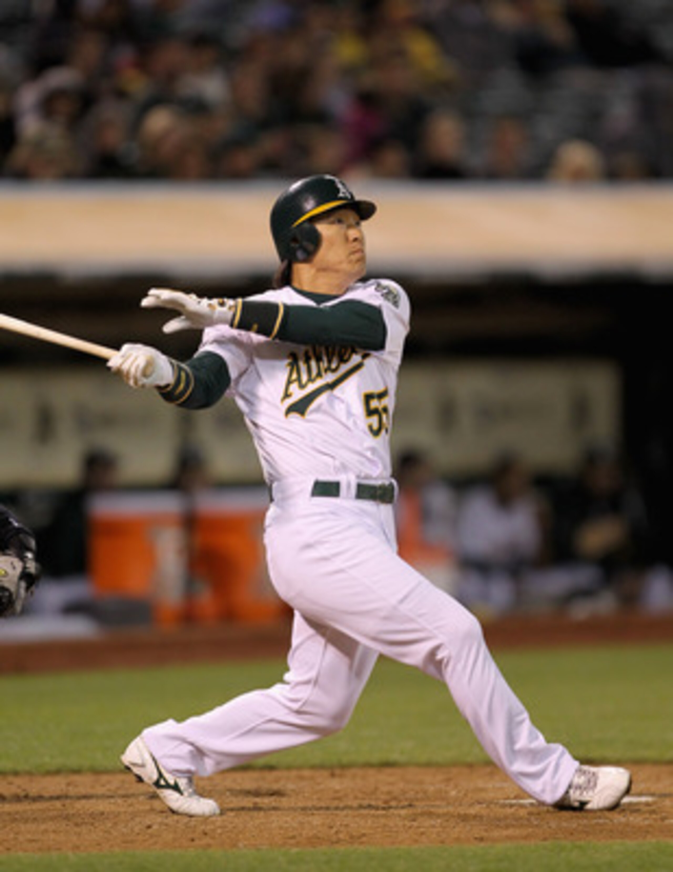 OAKLAND, CA - MAY 13:  Hideki Matsui #55 of the Oakland Athletics at bat against the Chicago White Sox at Oakland-Alameda County Coliseum on May 13, 2011 in Oakland, California.  (Photo by Ezra Shaw/Getty Images)