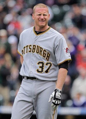 DENVER, CO - MAY 01:  First baseman Lyle Overbay #37 of the Pittsburgh Pirates looks on during a break in the against the Colorado Rockies at Coors Field on May 1, 2011 in Denver, Colorado. The Pirates defeated the Rockies 8-4.  (Photo by Doug Pensinger/G