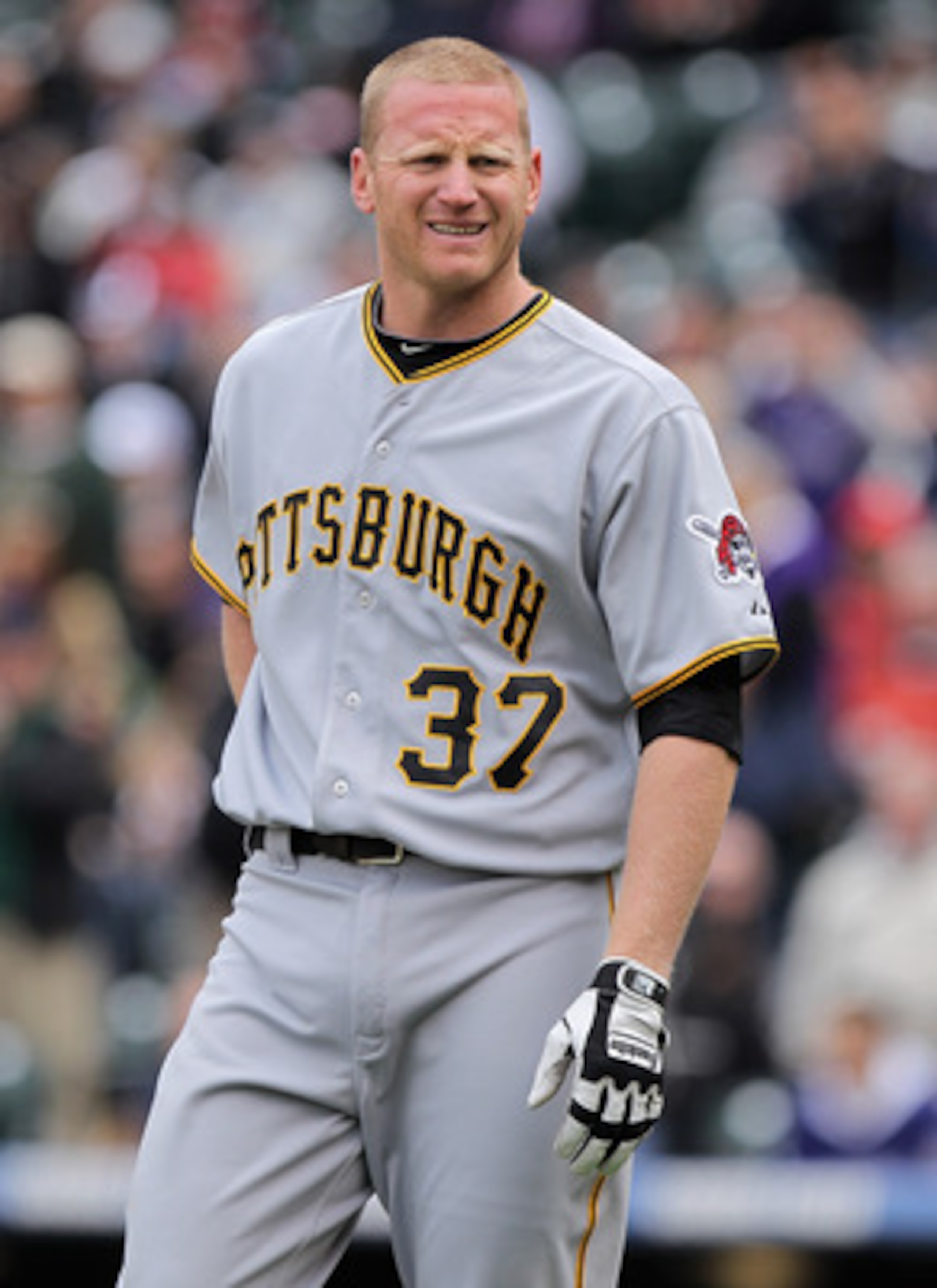 DENVER, CO - MAY 01:  First baseman Lyle Overbay #37 of the Pittsburgh Pirates looks on during a break in the against the Colorado Rockies at Coors Field on May 1, 2011 in Denver, Colorado. The Pirates defeated the Rockies 8-4.  (Photo by Doug Pensinger/G