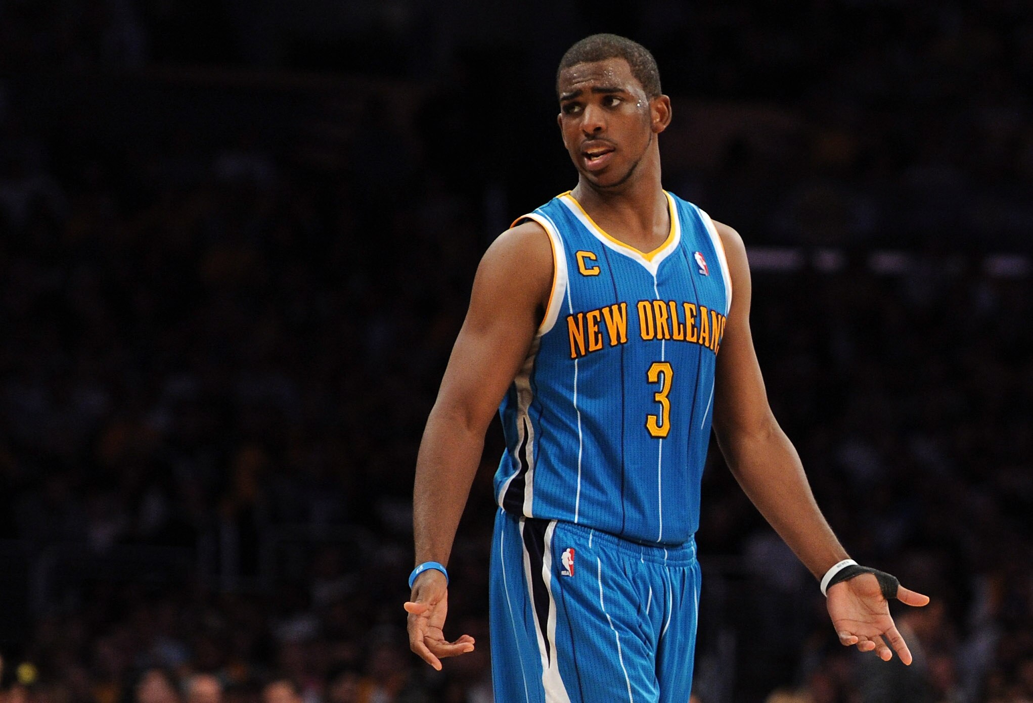 LOS ANGELES, CA - APRIL 26:  Chris Paul #3 of the New Orleans Hornets reacts late in the fourth quarter while taking on the Los Angeles Lakers in Game Five of the Western Conference Quarterfinals in the 2011 NBA Playoffs on April 26, 2011 at Staples Cente