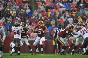LANDOVER, MD - DECEMBER 12:  Donovan McNabb #5 of the Washington Redskins passes against the Tampa Bay Buccaneers  at FedExField on December 12, 2010 in Landover, Maryland. The Buccaneers defeated the Redskins 17-16. (Photo by Larry French/Getty Images)