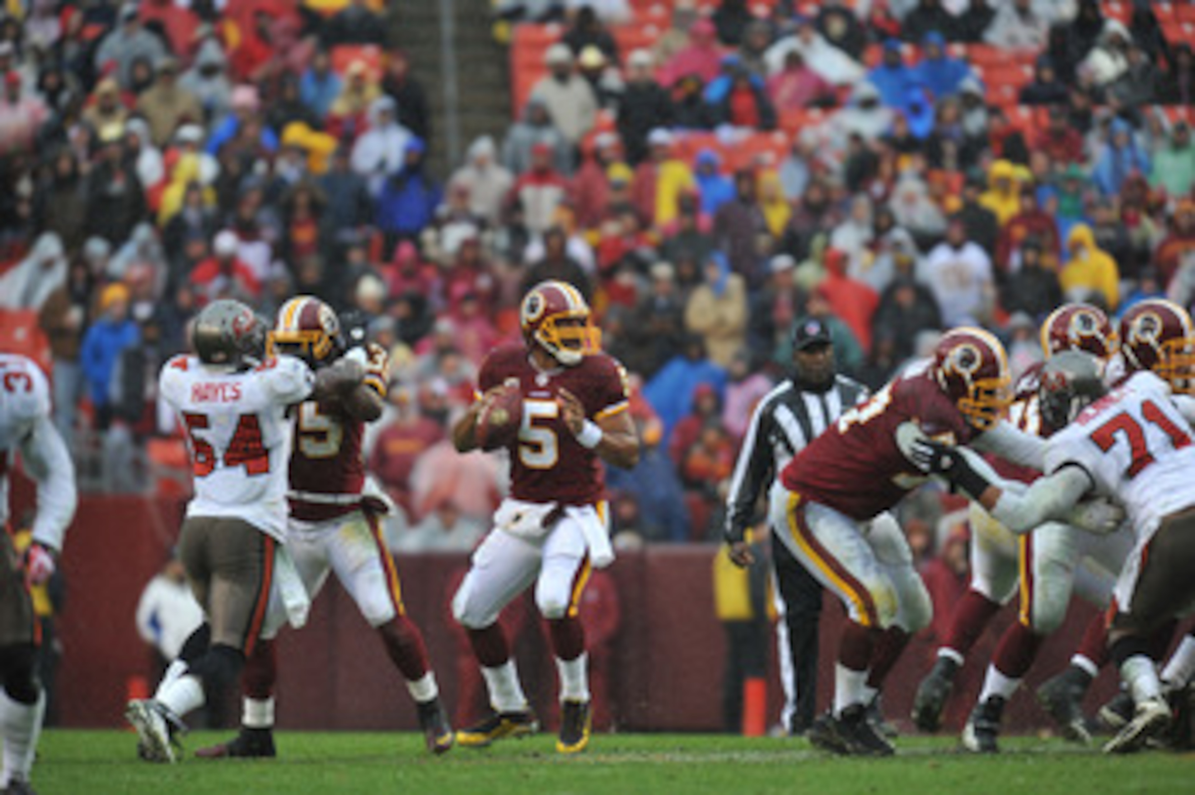 LANDOVER, MD - DECEMBER 12: Donovan McNabb #5 of the Washington Redskins passes against the Tampa Bay Buccaneers at FedExField on December 12, 2010 in Landover, Maryland. The Buccaneers defeated the Redskins 17-16. (Photo by Larry French/Getty Images) LANDOVER, MD - DECEMBER 12: Donovan McNabb #5 of the Washington Redskins passes against the Tampa Bay Buccaneers at FedExField on December 12, 2010 in Landover, Maryland. The Buccaneers defeated the Redskins 17-16. (Photo by Larry French/Getty Images)