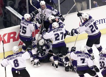 23 Apr 2001:  The Los Angeles Kings celebrate their 3-2 overtime victory against the Detroit Red Wings after Adam Deadmarsh #28 scored the game-winner in Game Six of the NHL Western Conference playoff quarterfinals at Staples Center in Los Angeles, Califo