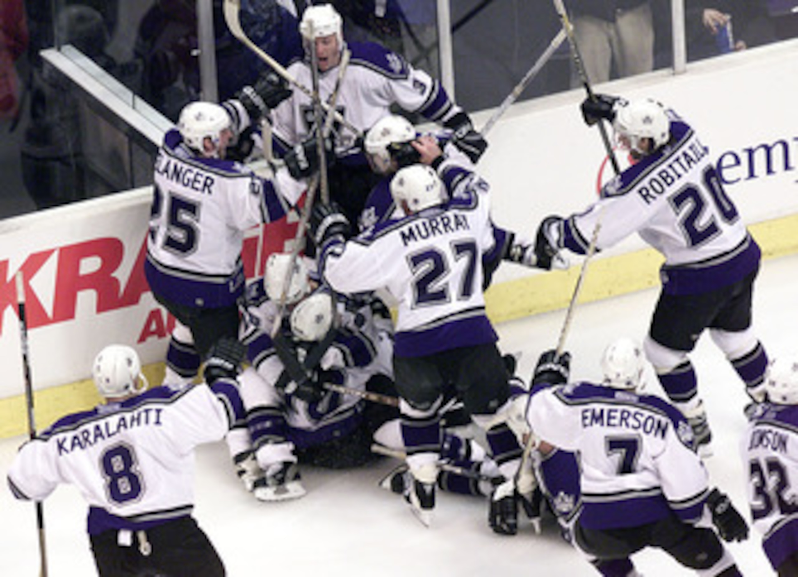 23 Apr 2001:  The Los Angeles Kings celebrate their 3-2 overtime victory against the Detroit Red Wings after Adam Deadmarsh #28 scored the game-winner in Game Six of the NHL Western Conference playoff quarterfinals at Staples Center in Los Angeles, Califo