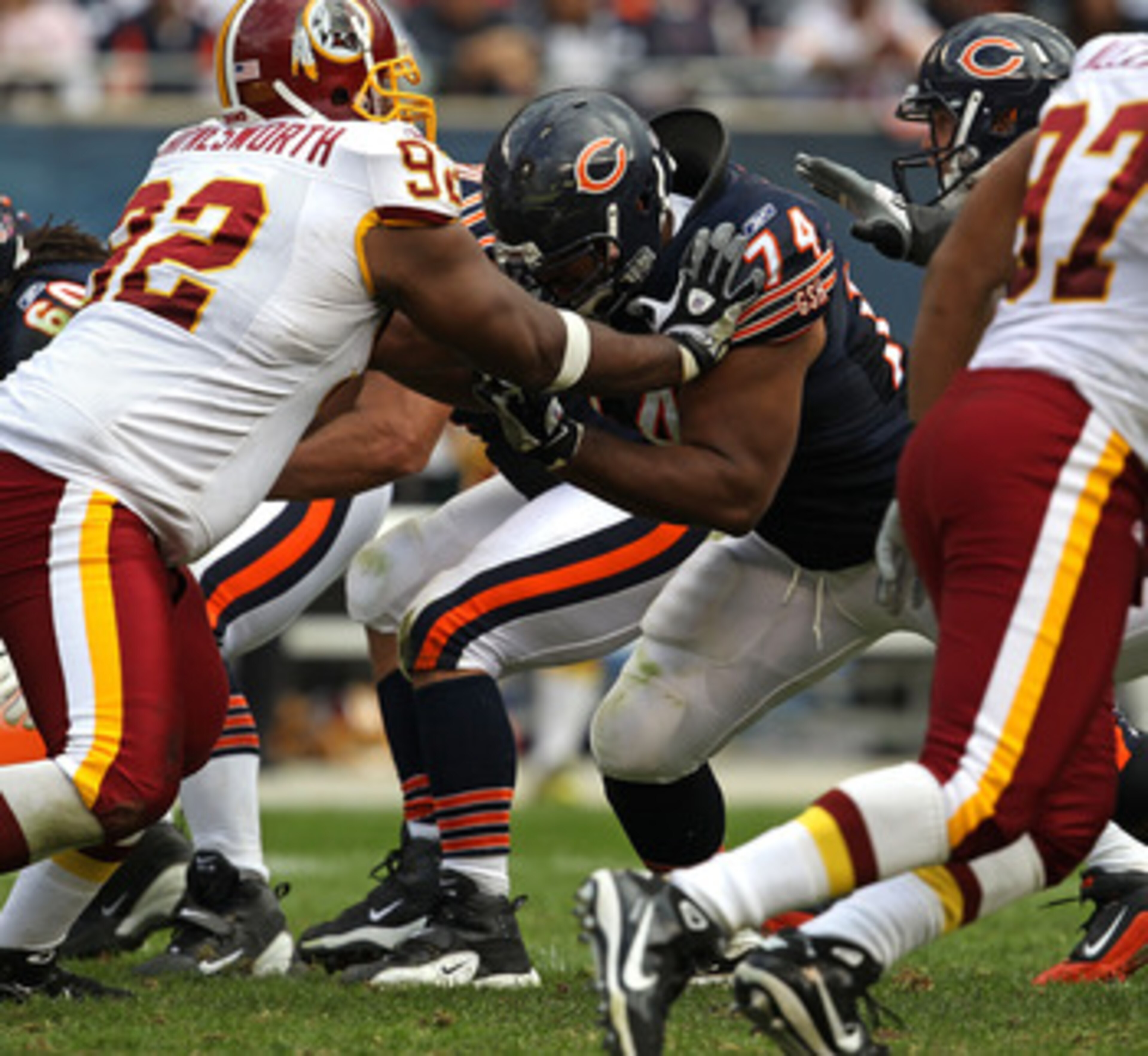 CHICAGO - OCTOBER 24: Chris Williams #74 of the Chicago Bears blocks Albert Haynesworth #92 of the Washington Redskins at Soldier Field on October 24, 2010 in Chicago, Illinois. The Redskins defeated the Bears 17-14. (Photo by Jonathan Daniel/Getty Images CHICAGO - OCTOBER 24: Chris Williams #74 of the Chicago Bears blocks Albert Haynesworth #92 of the Washington Redskins at Soldier Field on October 24, 2010 in Chicago, Illinois. The Redskins defeated the Bears 17-14. (Photo by Jonathan Daniel/Getty Images