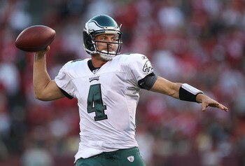 SAN FRANCISCO - OCTOBER 10:  Kevin Kolb #4 of the Philadelphia Eagles passes against the San Francisco 49ers during an NFL game at Candlestick Park on October 10, 2010 in San Francisco, California.(Photo by Jed Jacobsohn/Getty Images)