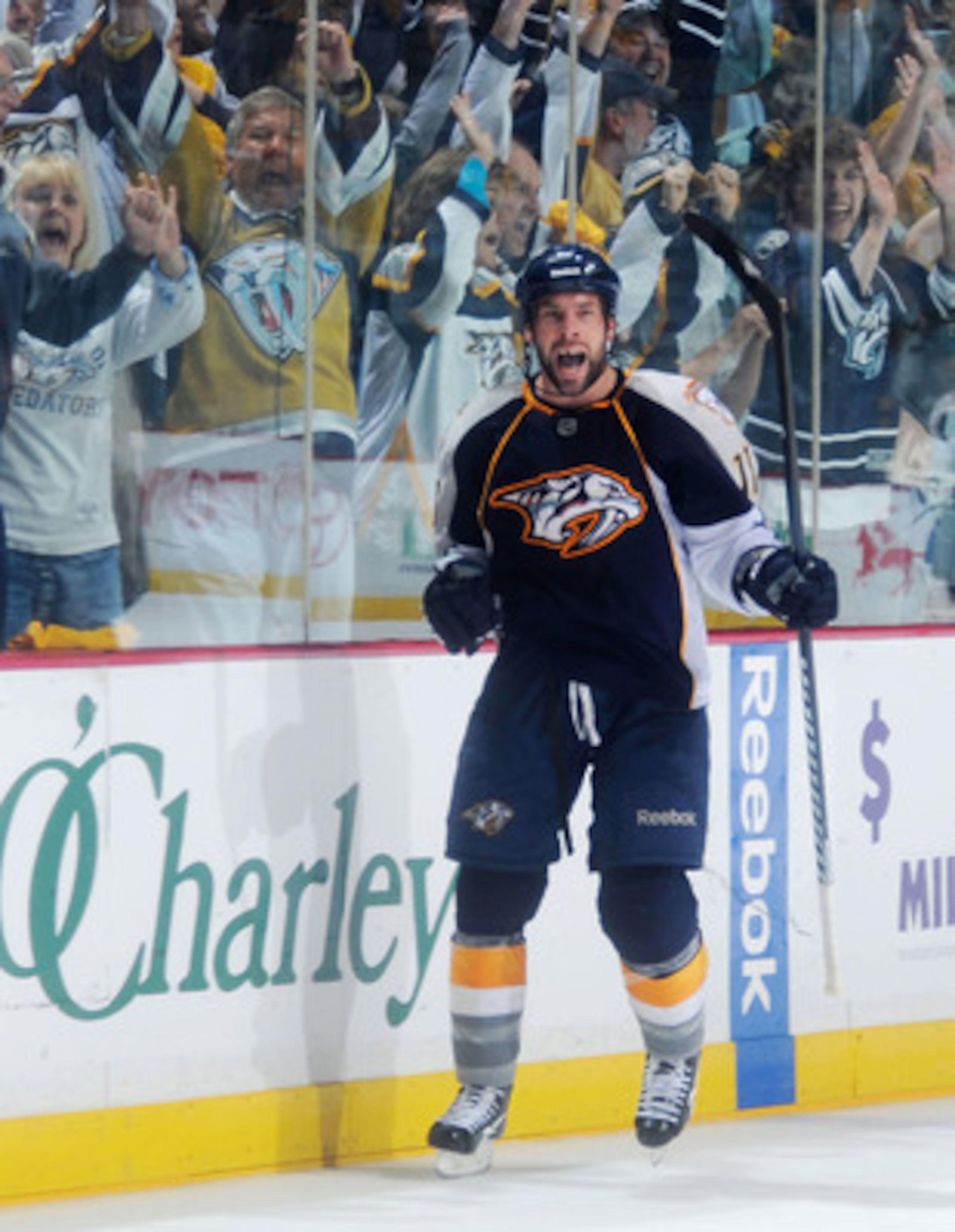 NASHVILLE, TN - APRIL 24:  David Legwand #11 of the Nashville Predators celebrates after scoring an open net goal against  the Anaheim Ducks in Game Six of the Western Conference Quarterfinals during the 2011 NHL Stanley Cup Playoffs at Bridgestone Arena 