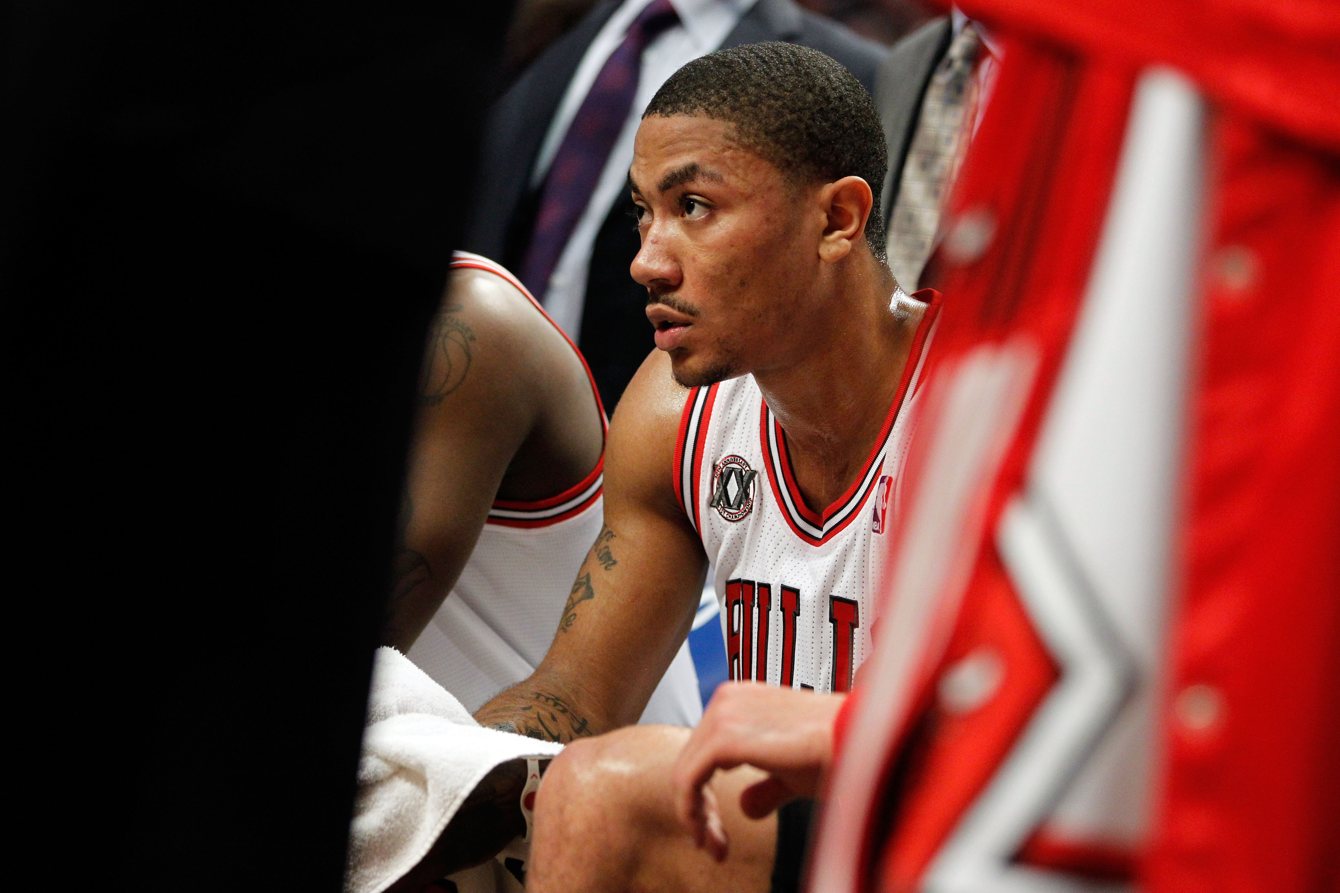 CHICAGO, IL - MAY 15: Derrick Rose #1 of the Chicago Bulls looks on from the bench during a timeout against the Miami Heat in Game One of the Eastern Conference Finals during the 2011 NBA Playoffs on May 15, 2011 at the United Center in Chicago, Illinois.