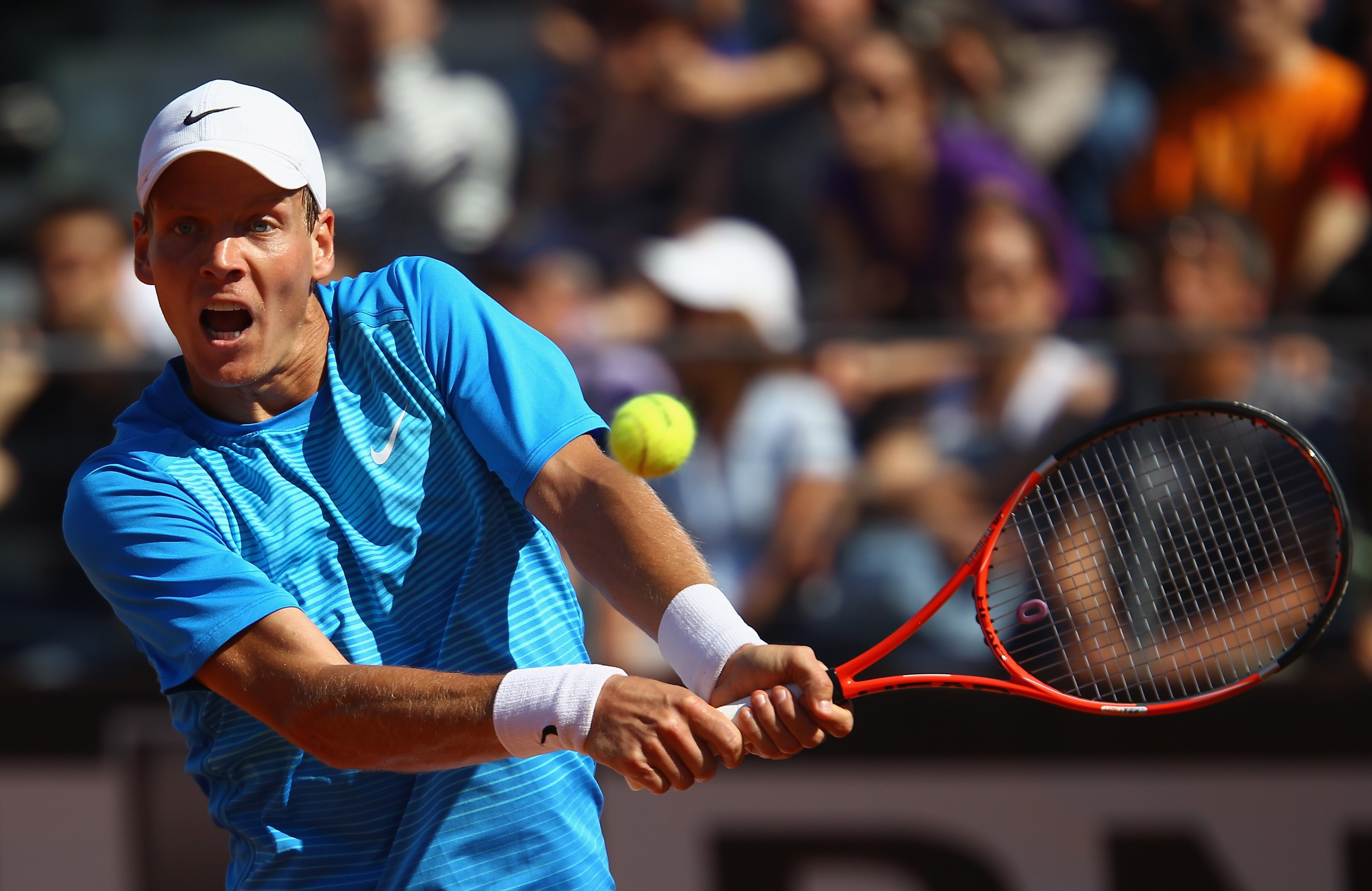 ROME, ITALY - MAY 10:  Tomas Berdych of Czech Republic plays a backhand during his second round match against Juan Monaco of Argentina during day three of the Internazoinali BNL D'Italia at the Foro Italico Tennis Centre on May 10, 2011 in Rome, Italy.  (