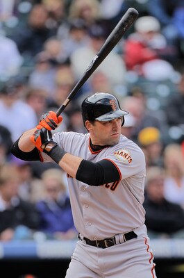DENVER, CO - APRIL 20:  Mark DeRosa #7 of the San Francisco Giants takes an at bat against the Colorado Rockies at Coors Field on April 20, 2011 in Denver, Colorado.  (Photo by Doug Pensinger/Getty Images)