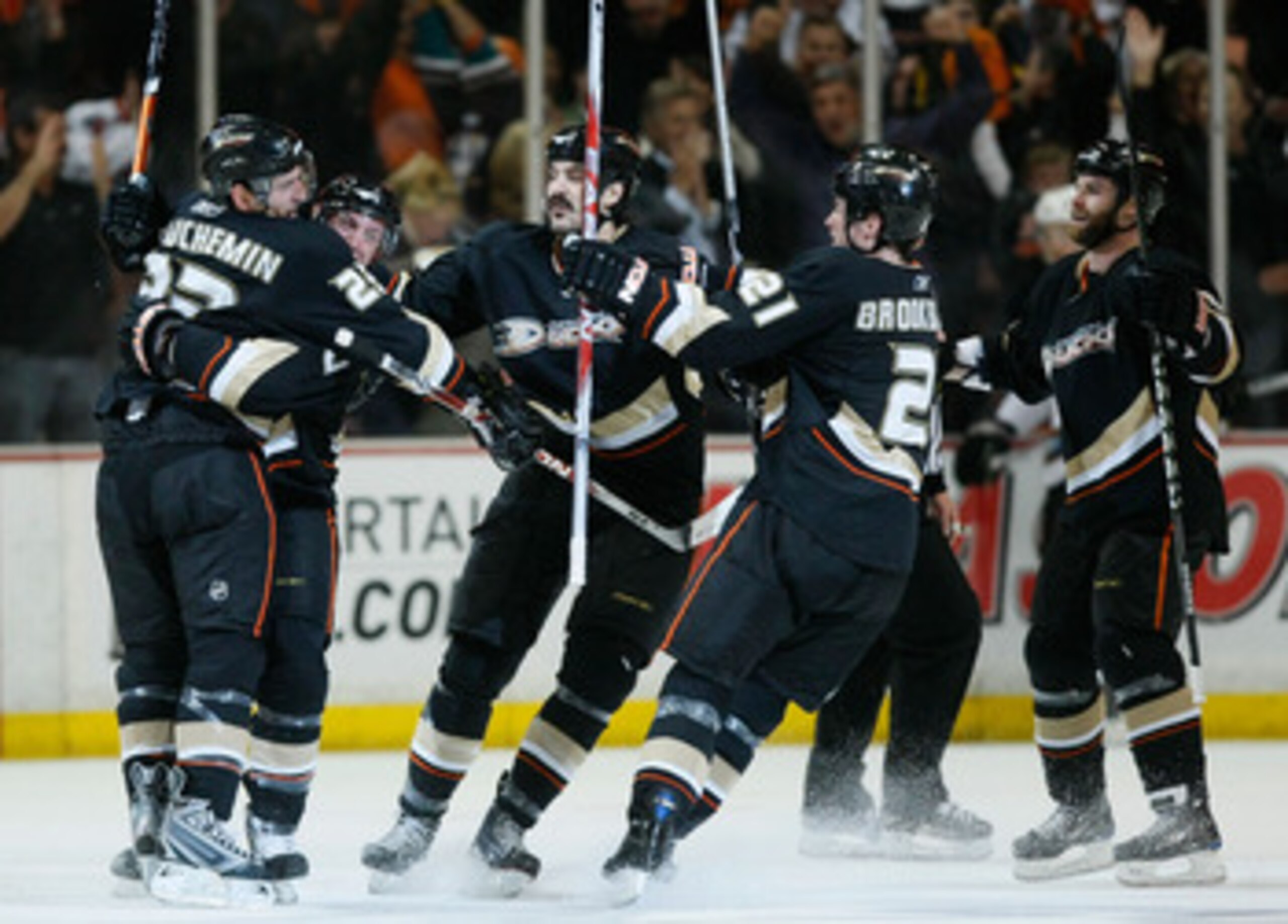 ANAHEIM, CA - APRIL 27:  The Anaheim Ducks celebrate a goal by Francois Beauchemin #23 against the San Jose Sharks during Game Six of the Western Conference Quarterfinal Round of the 2009 Stanley Cup Playoffs at the Honda Center on April 27, 2009 in Anahe