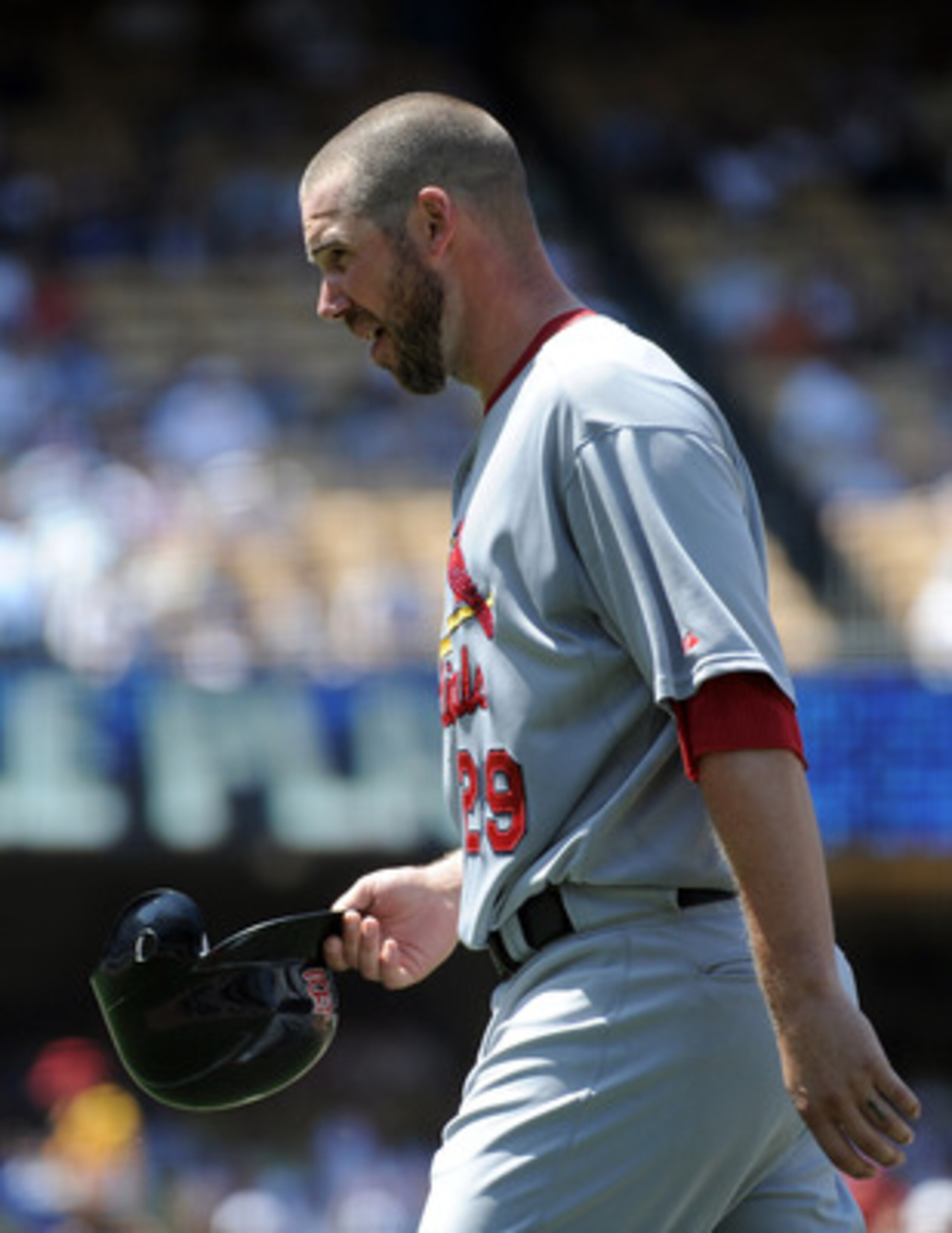 LOS ANGELES, CA - APRIL 17:  Chris Carpenter #29 of the St. Louis Cardinals leaves the mound against the Los Angeles Dodgers at Dodger Stadium on April 17, 2011 in Los Angeles, California.  (Photo by Harry How/Getty Images)