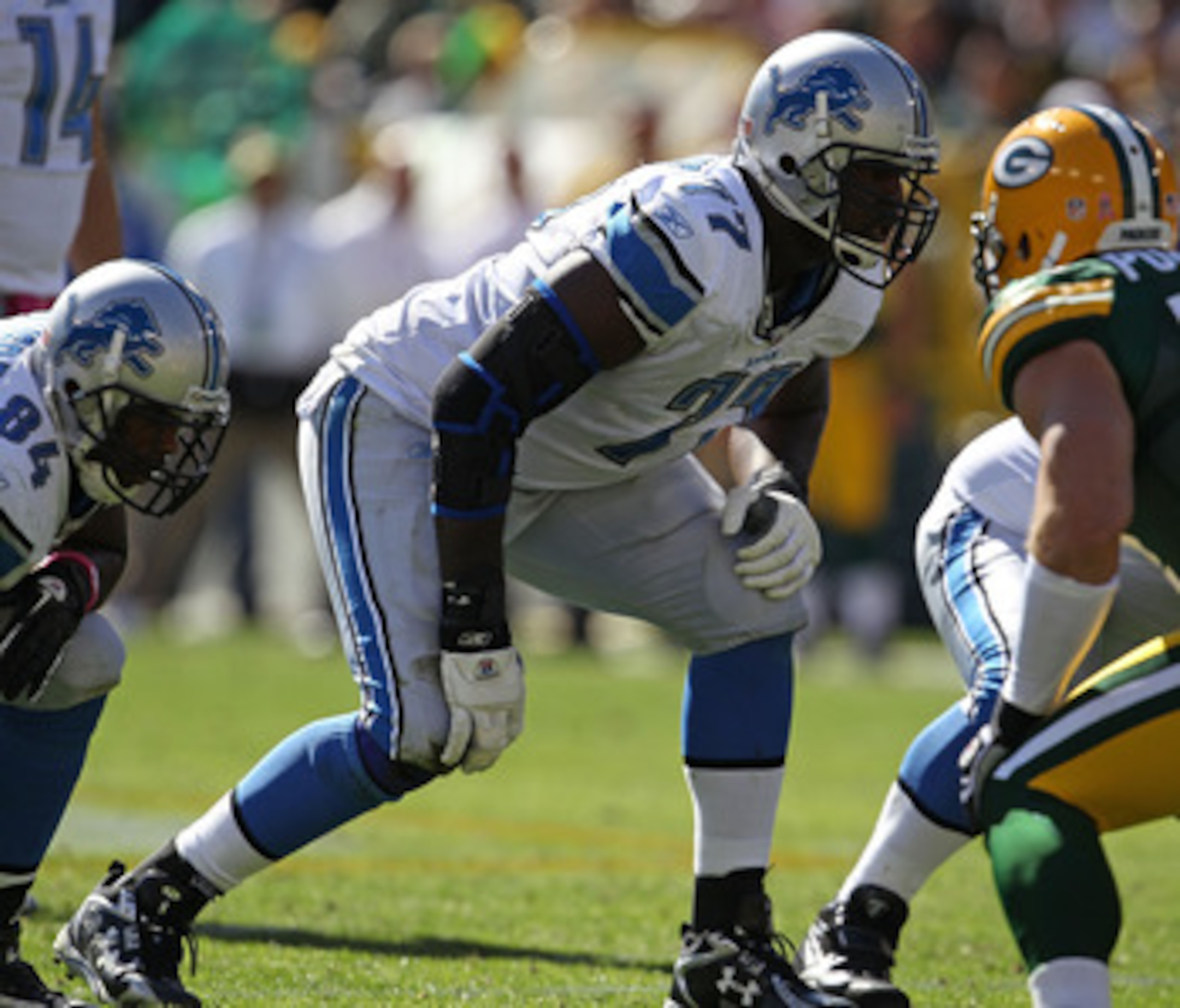 GREEN BAY, WI - OCTOBER 03: Gosder Cherilus #77 of the Detroit Lions awaits the start of play against the Green Bay Packers at Lambeau Field on October 3, 2010 in Green Bay, Wisconsin. The Packers defeated the Lions 28-26. (Photo by Jonathan Daniel/Getty 