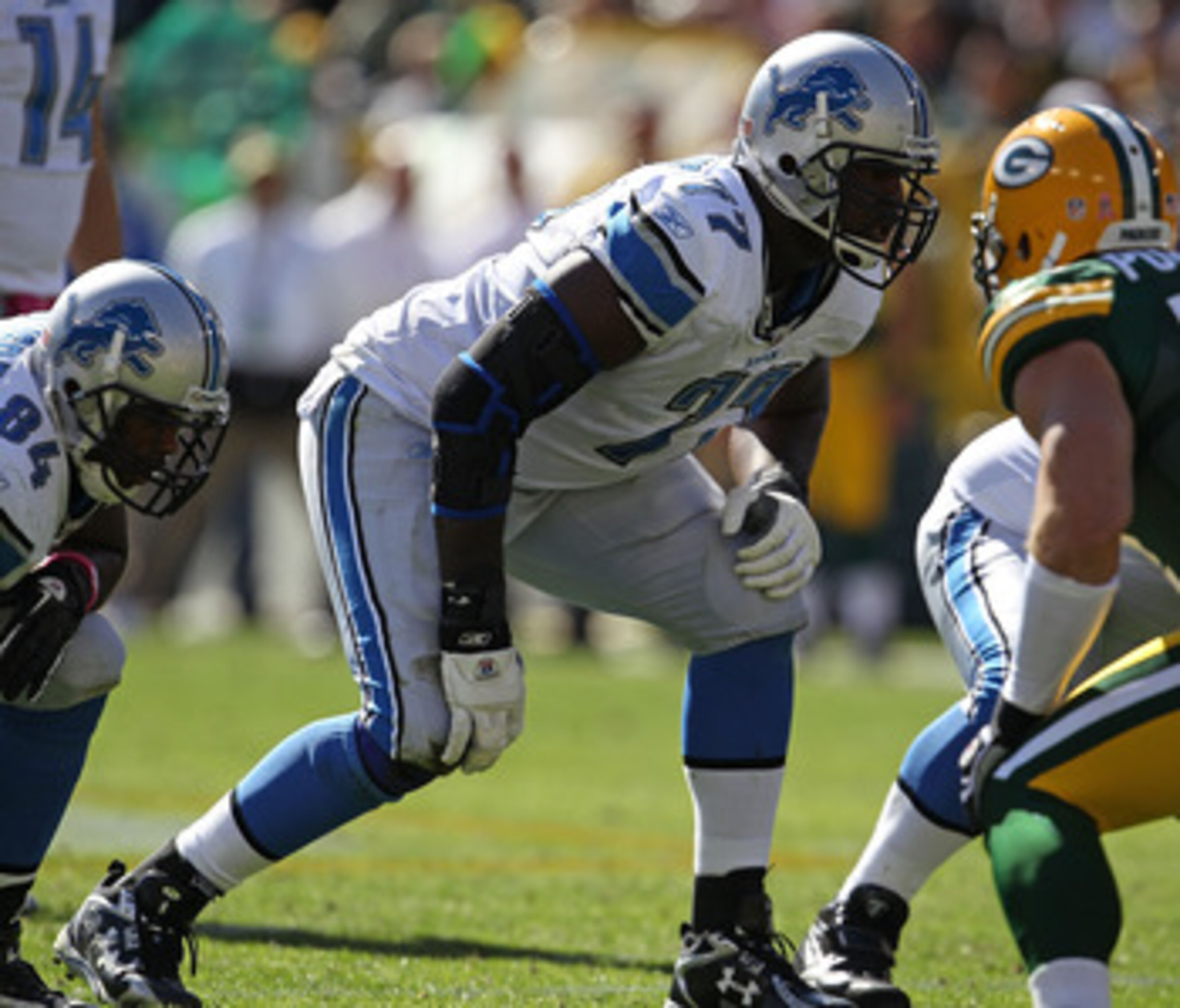 GREEN BAY, WI - OCTOBER 03: Gosder Cherilus #77 of the Detroit Lions awaits the start of play against the Green Bay Packers at Lambeau Field on October 3, 2010 in Green Bay, Wisconsin. The Packers defeated the Lions 28-26. (Photo by Jonathan Daniel/Getty GREEN BAY, WI - OCTOBER 03: Gosder Cherilus #77 of the Detroit Lions awaits the start of play against the Green Bay Packers at Lambeau Field on October 3, 2010 in Green Bay, Wisconsin. The Packers defeated the Lions 28-26. (Photo by Jonathan Daniel/Getty