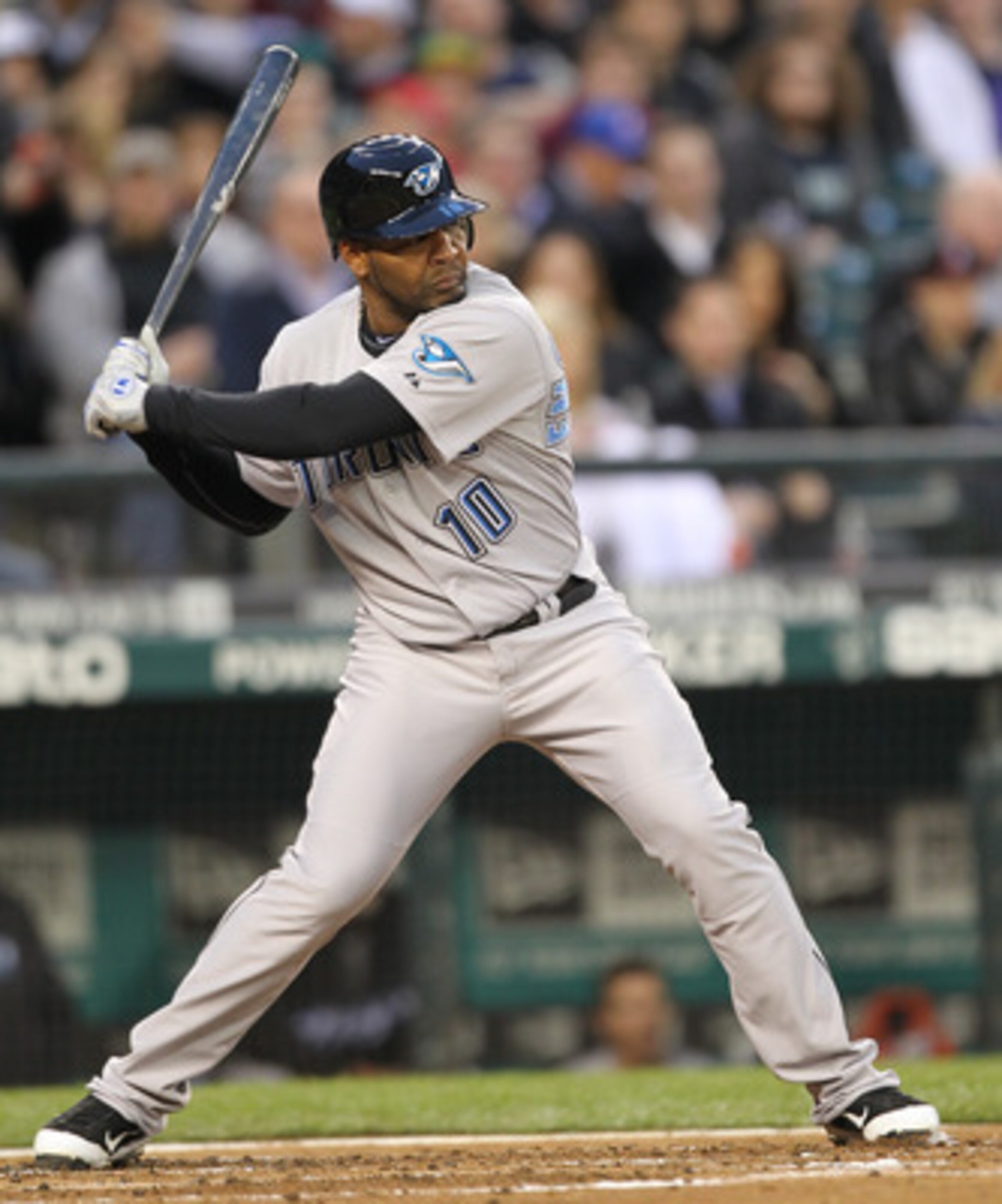 SEATTLE, WA - APRIL 12:  Edwin Encarnacion #10 of the Toronto Blue Jays bats against the Seattle Mariners at Safeco Field on April 12, 2011 in Seattle, Washington. (Photo by Otto Greule Jr/Getty Images)