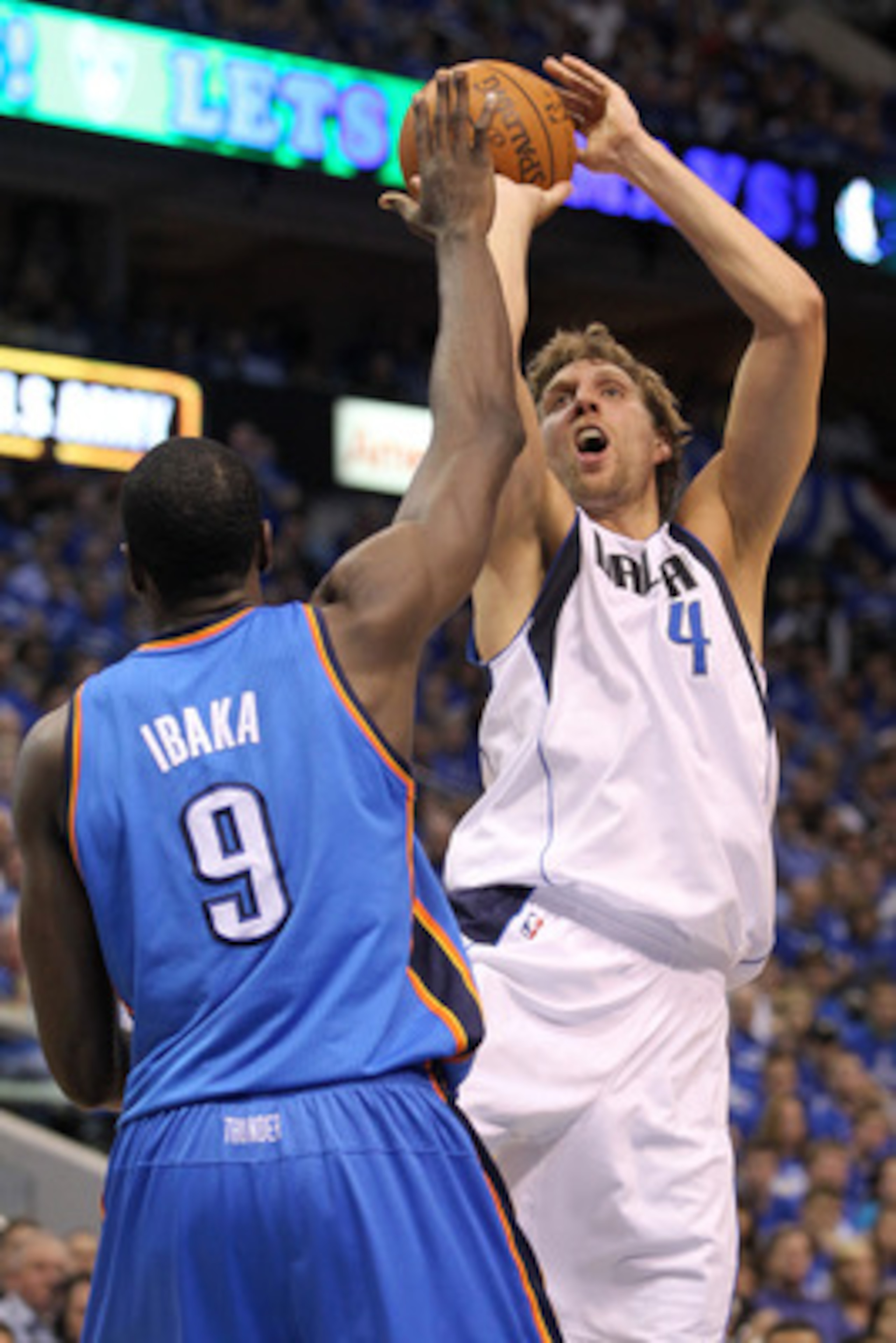DALLAS, TX - MAY 17:  Dirk Nowitzki #41 of the Dallas Mavericks shoots over Serge Ibaka #9 of the Oklahoma City Thunder in the second quarter in Game One of the Western Conference Finals during the 2011 NBA Playoffs at American Airlines Center on May 17, 