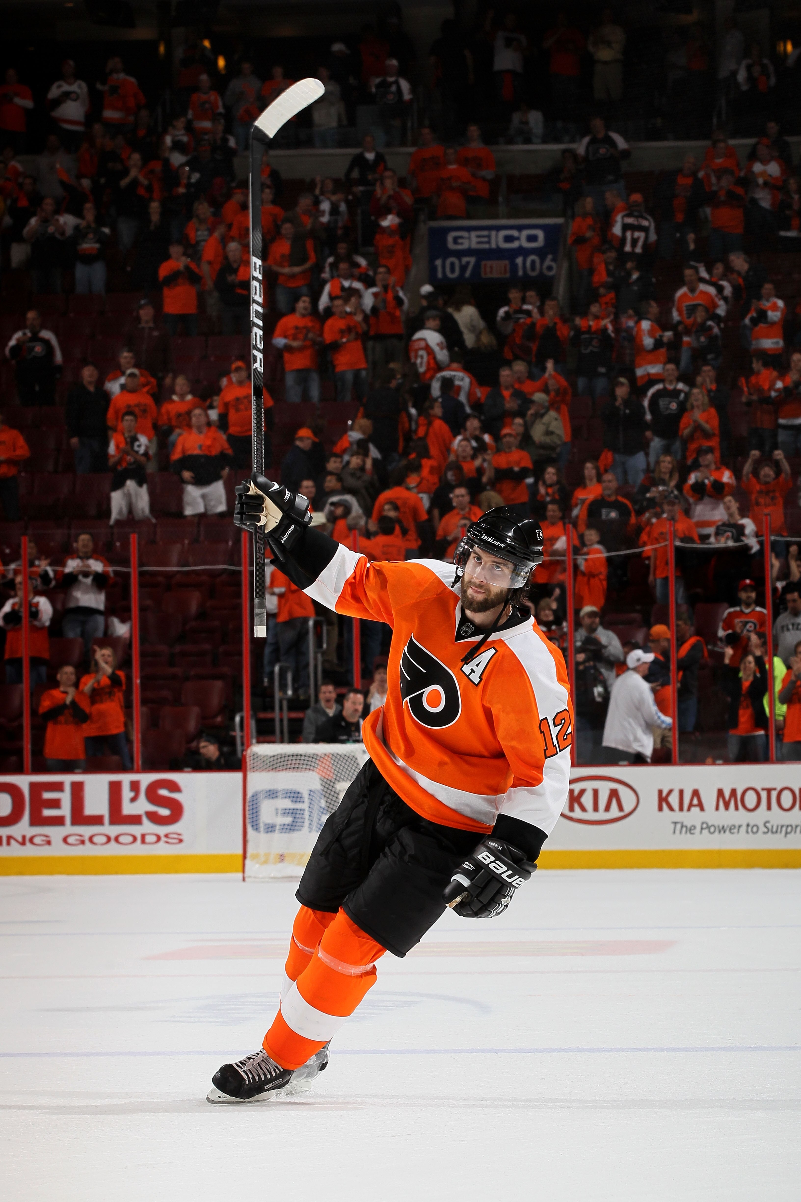 PHILADELPHIA - MAY 18:  Simon Gagne #12  of the Philadelphia Flyers reacts after defeating the Montreal Canadiens by a score of 3-0 to win Game 2 of the Eastern Conference Finals during the 2010 NHL Stanley Cup Playoffs at Wachovia Center on May 18, 2010