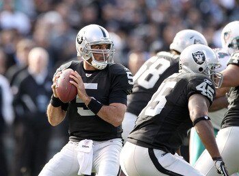 OAKLAND, CA - NOVEMBER 28:  Bruce Gradkowski #5 of the Oakland Raiders in action against the Miami Dolphins at Oakland-Alameda County Coliseum on November 28, 2010 in Oakland, California.  (Photo by Ezra Shaw/Getty Images)