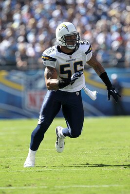 SAN DIEGO - SEPTEMBER 19:  Linebacker Shawne Merriman #56 of the San Diego Chargers comes off the line of scrimmage against the Jacksonville Jaguars at Qualcomm Stadium on September 19, 2010 in San Diego, California. The Chargers won 38-13.  (Photo by Ste