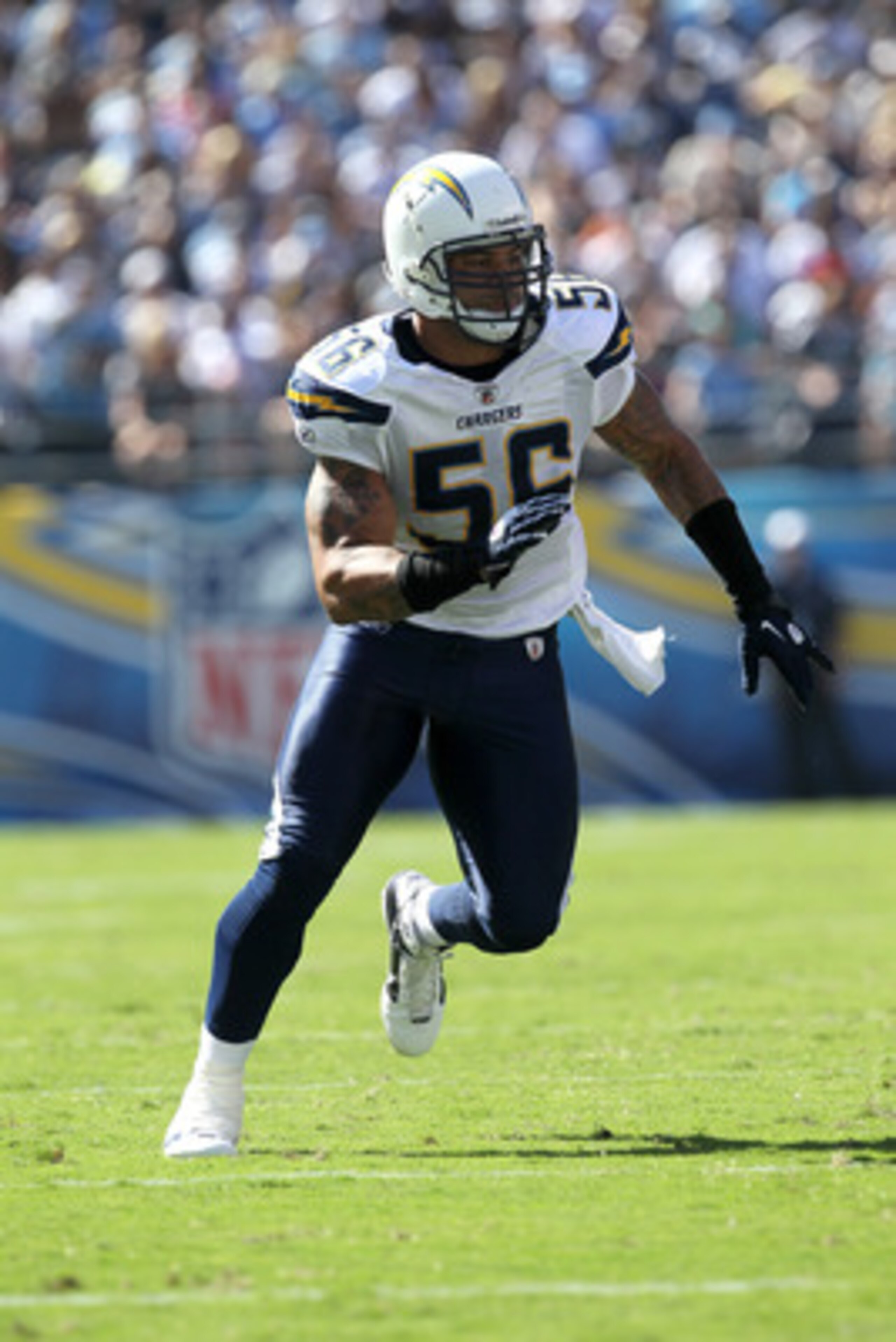 SAN DIEGO - SEPTEMBER 19:  Linebacker Shawne Merriman #56 of the San Diego Chargers comes off the line of scrimmage against the Jacksonville Jaguars at Qualcomm Stadium on September 19, 2010 in San Diego, California. The Chargers won 38-13.  (Photo by Ste