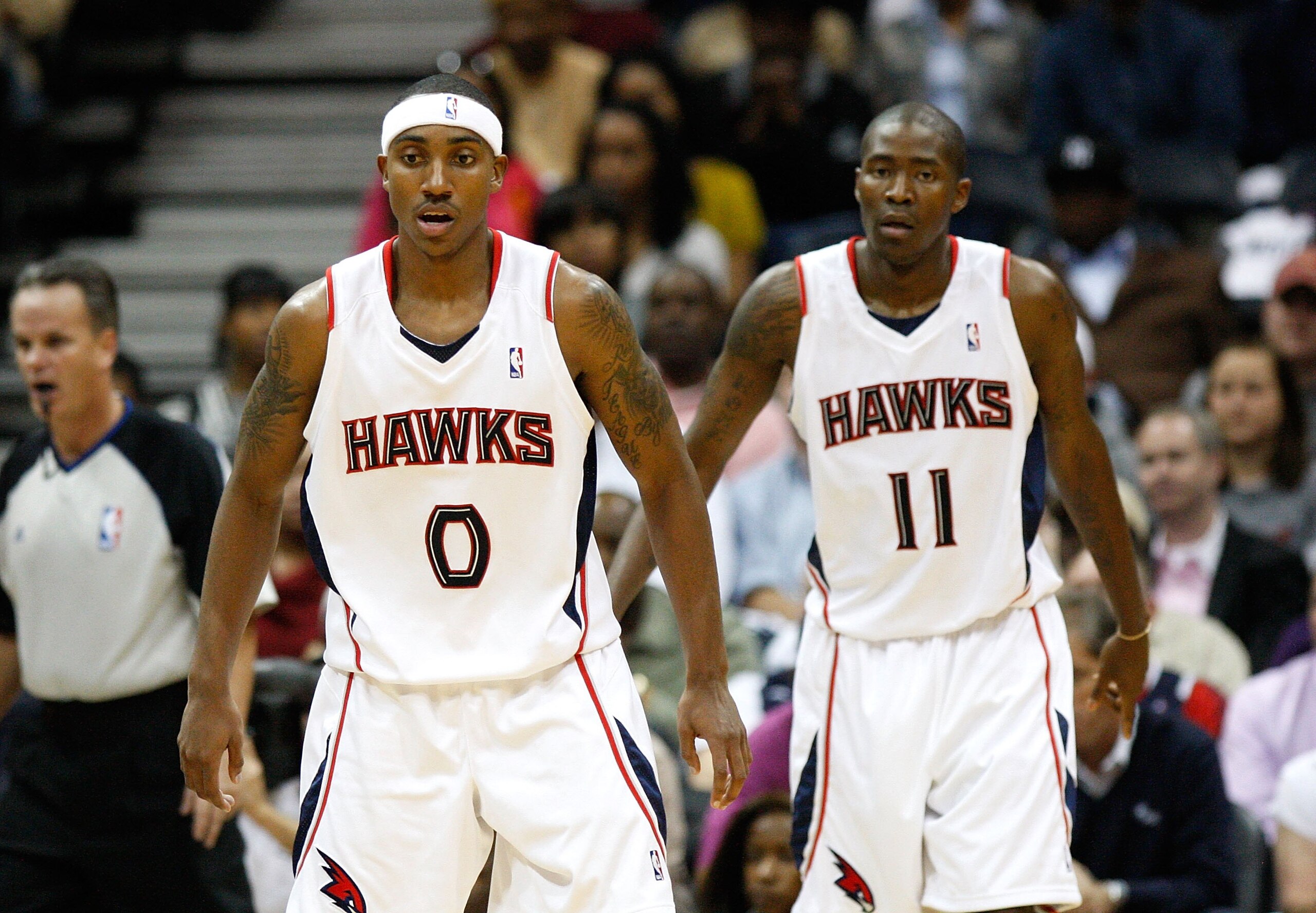 ATLANTA - OCTOBER 28:  Jeff Teague #0 and Jamal Crawford #11 of the Atlanta Hawks against the Indiana Pacers at Philips Arena on October 28, 2009 in Atlanta, Georgia.  (Photo by Kevin C. Cox/Getty Images)
