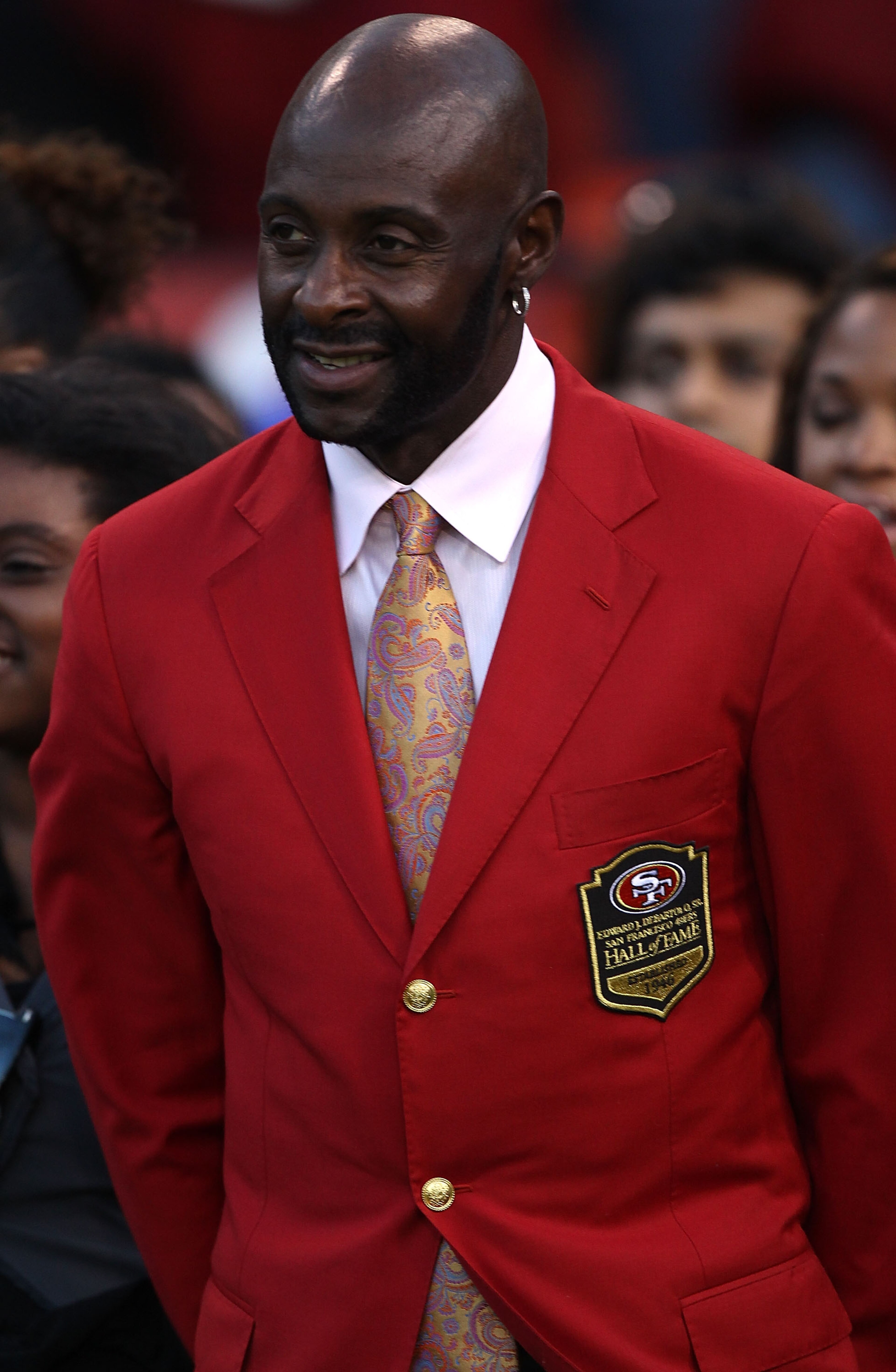 SAN FRANCISCO - SEPTEMBER 20:  Former member of the San Francisco 49ers Jerry Rice has his number retired at halftime against the New Orleans Saints during an NFL game at Candlestick Park on September 20, 2010 in San Francisco, California.  (Photo by Jed