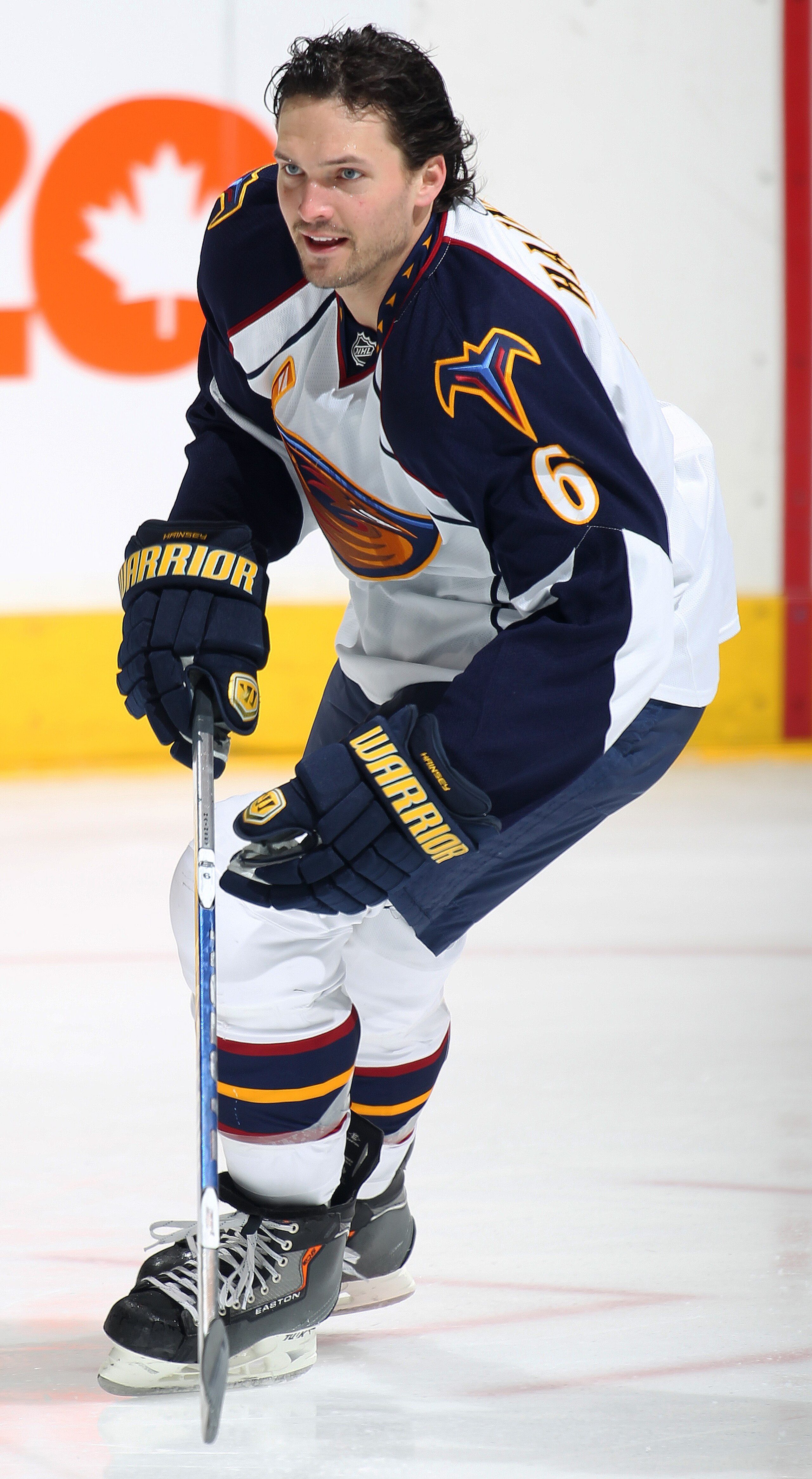 TORONTO, CANADA - FEBRUARY 07:  Ron Hainsey #6 of the Atlanta Thrashers skates in the warm-up prior to a game against the Toronto Maple Leafs on February 7, 2011 at the Air Canada Centre in Toronto, Canada. The Leafs defeated the Thrashers 5-4. (Photo by
