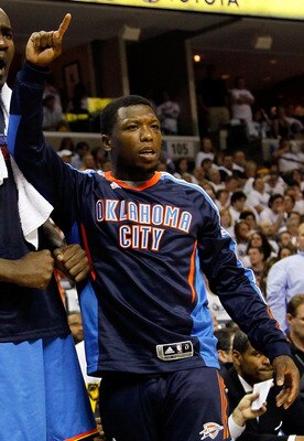 MEMPHIS, TN - MAY 13: Serge Ibaka #9, Kendrick Perkins #5 and Nate Robinson #3 of the Oklahoma City Thunder react after a basket and a foul against the Memphis Grizzlies in Game Six of the Western Conference Semifinals in the 2011 NBA Playoffs at FedExFo MEMPHIS, TN - MAY 13: Serge Ibaka #9, Kendrick Perkins #5 and Nate Robinson #3 of the Oklahoma City Thunder react after a basket and a foul against the Memphis Grizzlies in Game Six of the Western Conference Semifinals in the 2011 NBA Playoffs at FedExFo