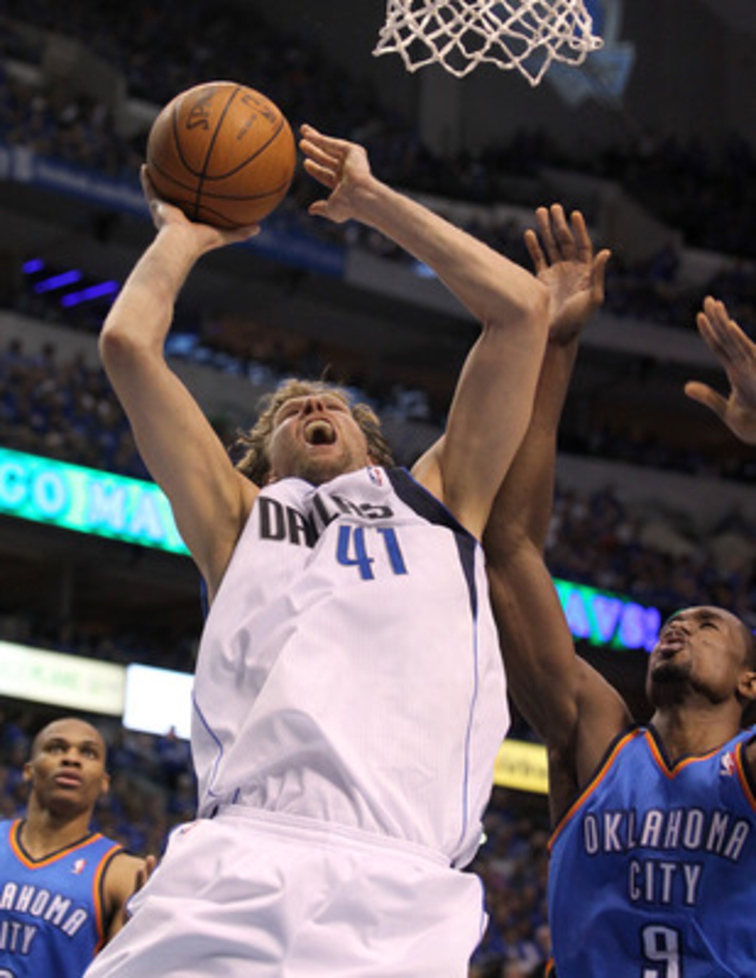 DALLAS, TX - MAY 17:  Dirk Nowitzki #41 of the Dallas Mavericks goes up for a shot against Serge Ibaka #9 of the Oklahoma City Thunder in the second quarter in Game One of the Western Conference Finals during the 2011 NBA Playoffs at American Airlines Cen