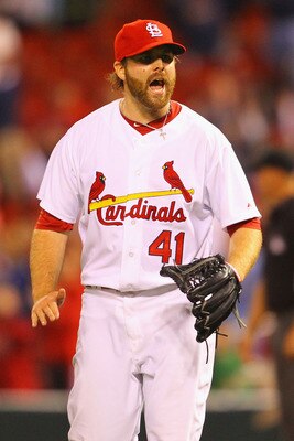 ST. LOUIS, MO - APRIL 22: Reliever Mitchell Boggs #41 of the St. Louis Cardinals celebrates a victory over the Cincinnati Reds at Busch Stadium on April 22, 2011 in St. Louis, Missouri.  (Photo by Dilip Vishwanat/Getty Images)