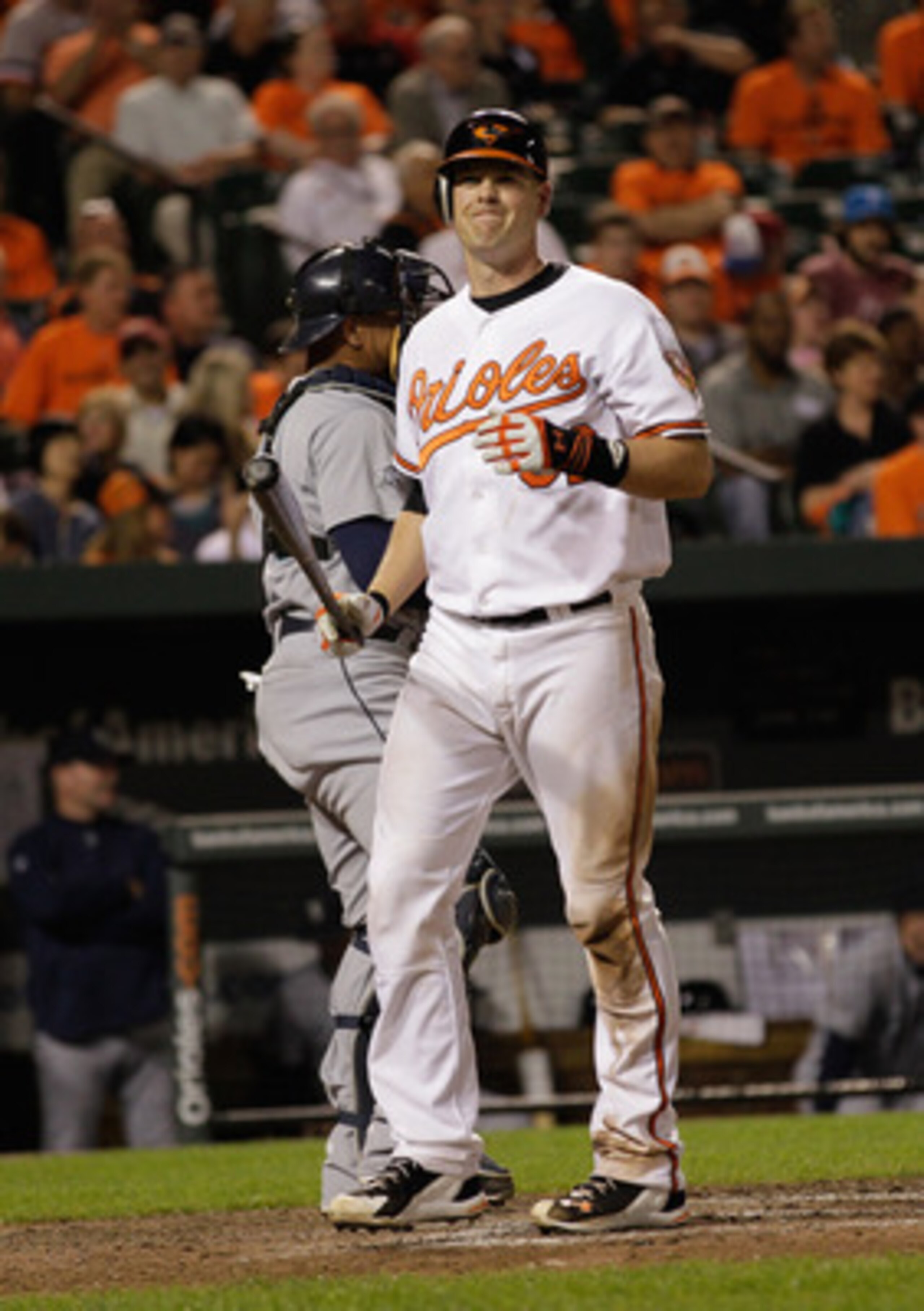 BALTIMORE, MD - MAY 12: Matt Wieters #32 of the Baltimore Orioles after striking out against the Seattle Mariners at Oriole Park at Camden Yards on May 12, 2011 in Baltimore, Maryland.  (Photo by Rob Carr/Getty Images)