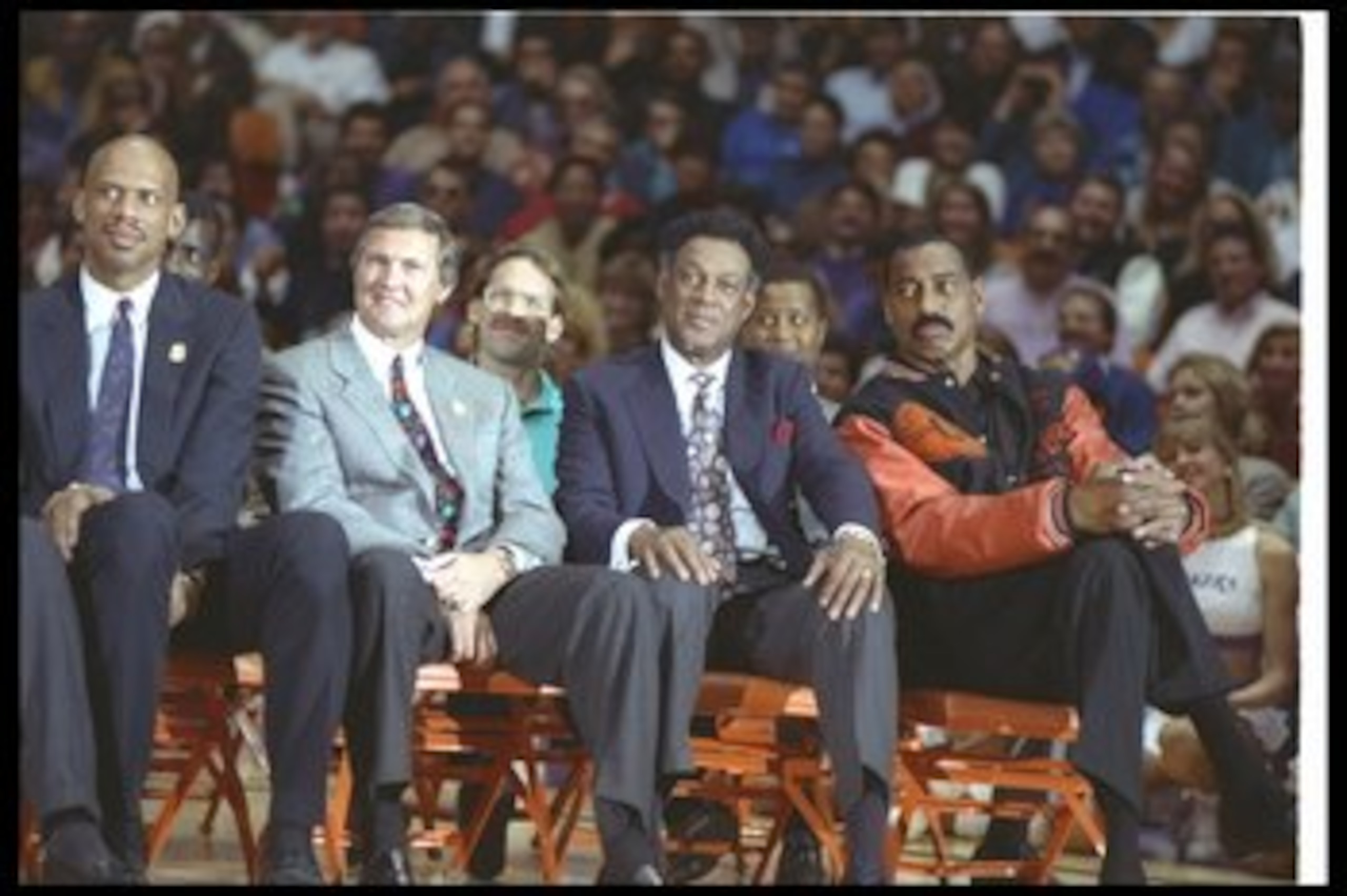 INGLEWOOD, CA - FEBRUARY 16: Kareem Abdul-Jabbar, Jerry West, Elgin Baylor and Wilt Chamberlain sit on the court during Earvin 'Magic' Johnson's retirement ceremony from the Los Angeles Lakers on February 16, 1992 at the Great Western Forum in Inglewood, INGLEWOOD, CA - FEBRUARY 16: Kareem Abdul-Jabbar, Jerry West, Elgin Baylor and Wilt Chamberlain sit on the court during Earvin 'Magic' Johnson's retirement ceremony from the Los Angeles Lakers on February 16, 1992 at the Great Western Forum in Inglewood,