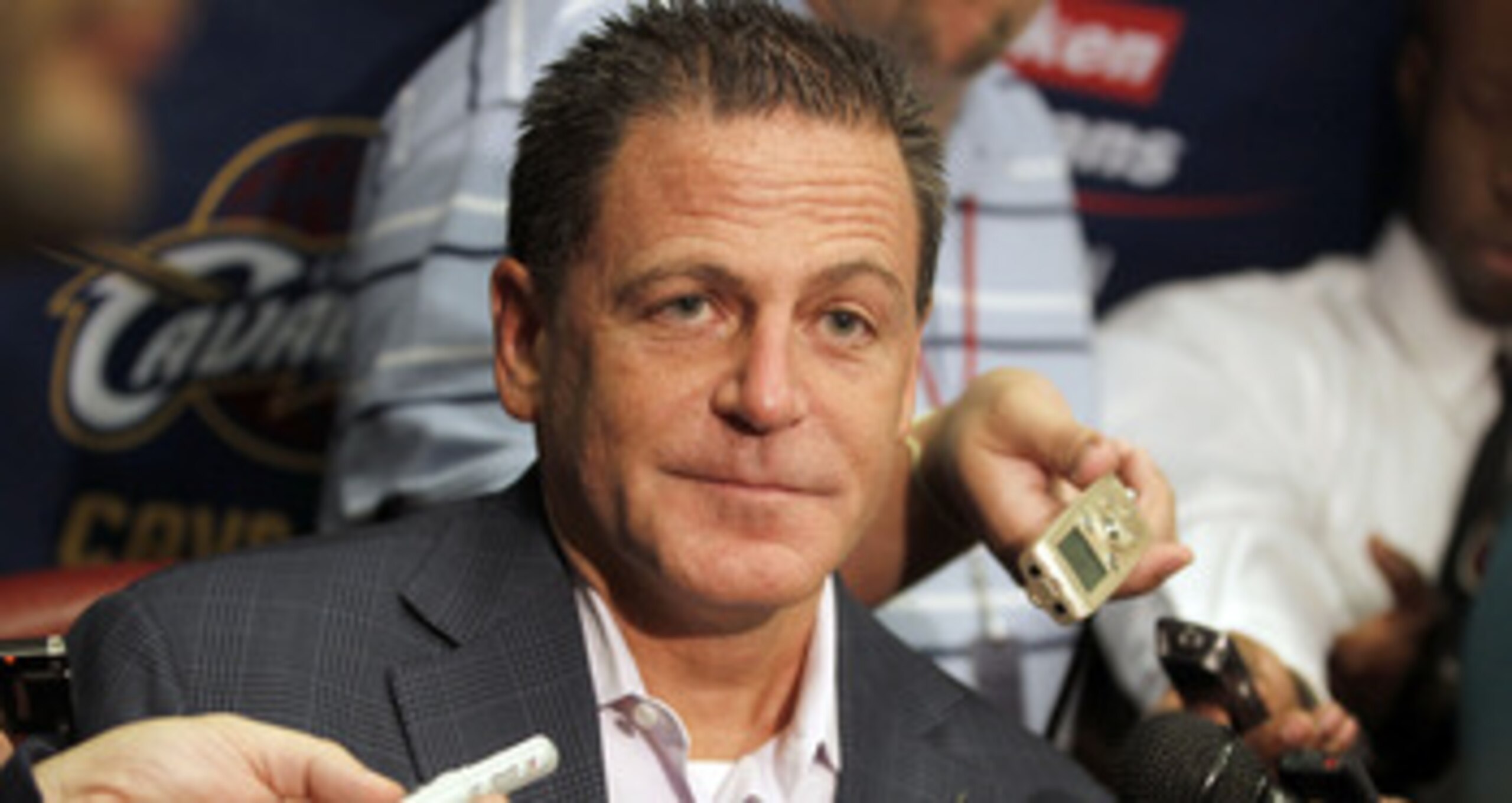 CLEVELAND - OCTOBER 27:  Majority owner Dan Gilbert of the Cleveland Cavaliers talks to the media prior to playing the Boston Celtics in the Cavaliers 2010 home opner at Quicken Loans Arena on October 27, 2010 in Cleveland, Ohio.  NOTE TO USER: User expre