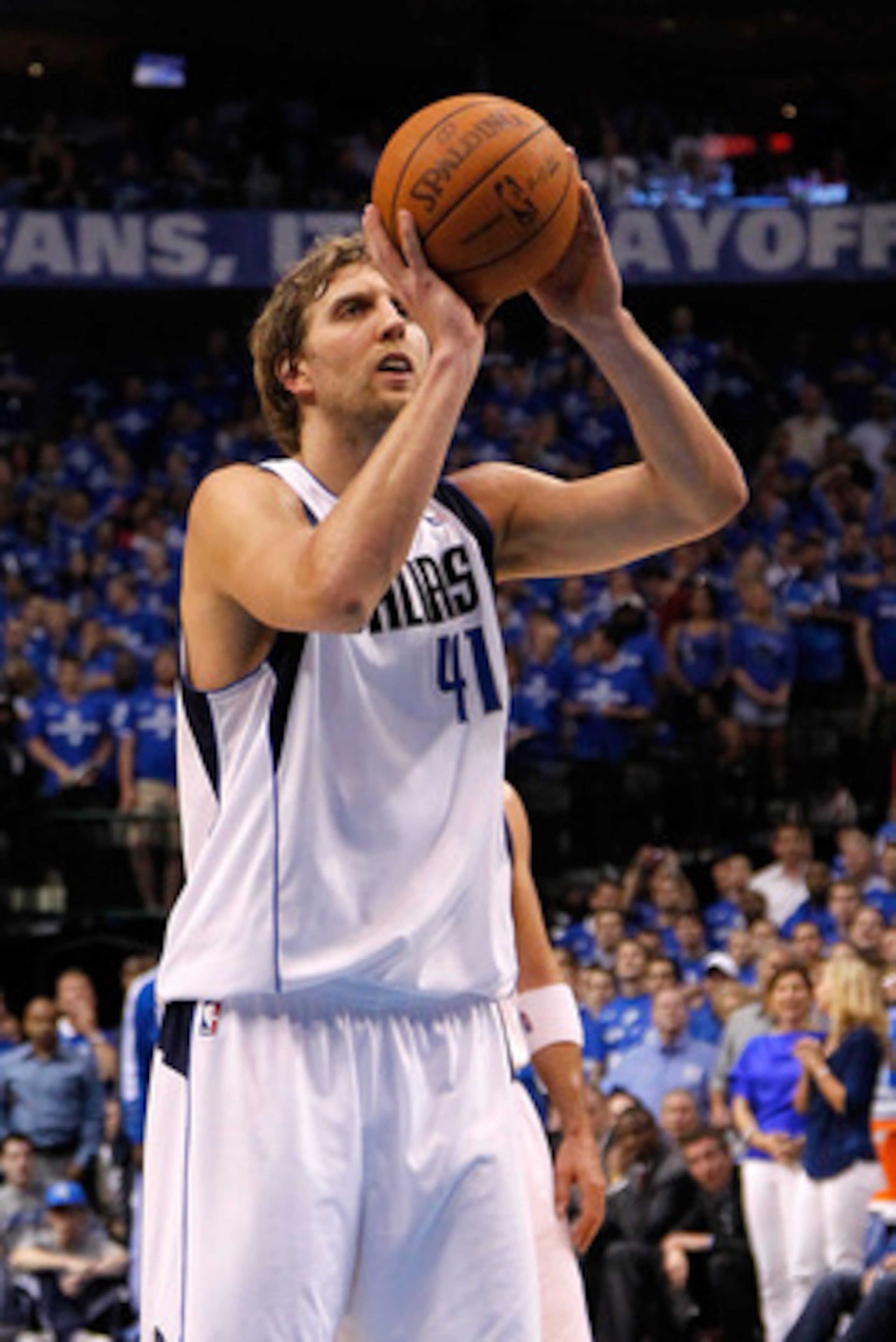 DALLAS, TX - MAY 17:  Dirk Nowitzki #41 of the Dallas Mavericks shoots a free throw late in the fourth quarter while taking on the Oklahoma City Thunder in Game One of the Western Conference Finals during the 2011 NBA Playoffs at American Airlines Center