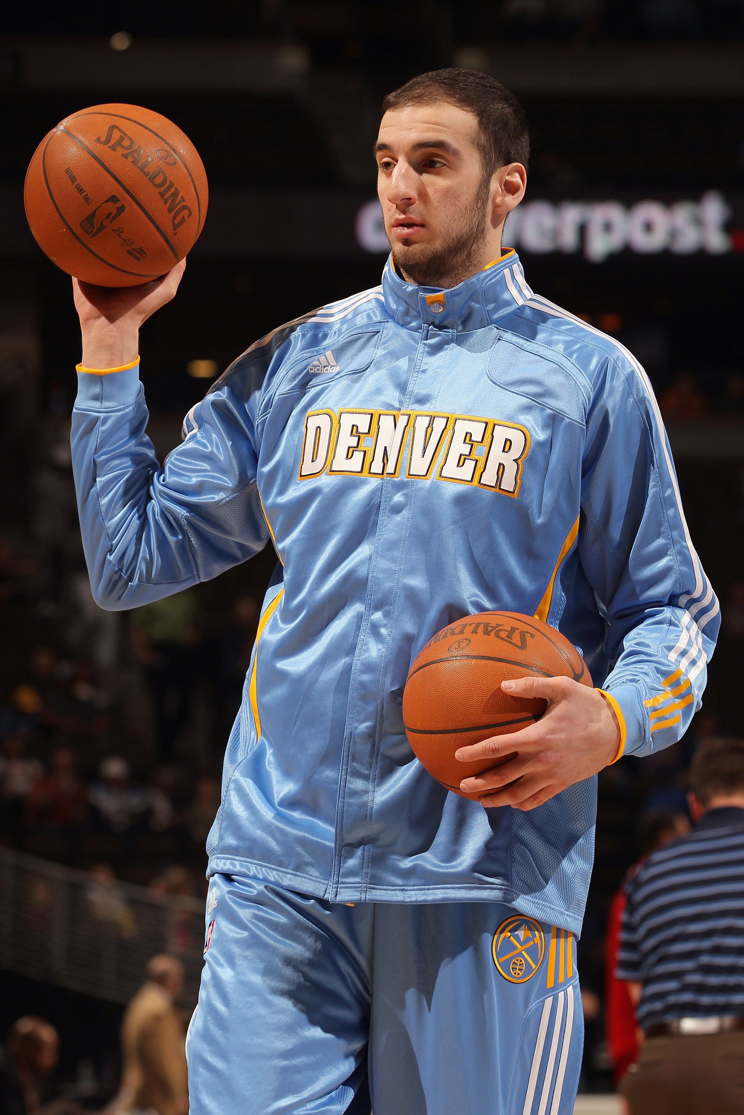 DENVER, CO - FEBRUARY 28:  Kosta Koufos #41 of the Denver Nuggets warms up prior to facing the Atlanta Hawks during NBA action at the Pepsi Center on February 28, 2011 in Denver, Colorado. The Nuggets deafeated the Hawks 100-90. NOTE TO USER: User express