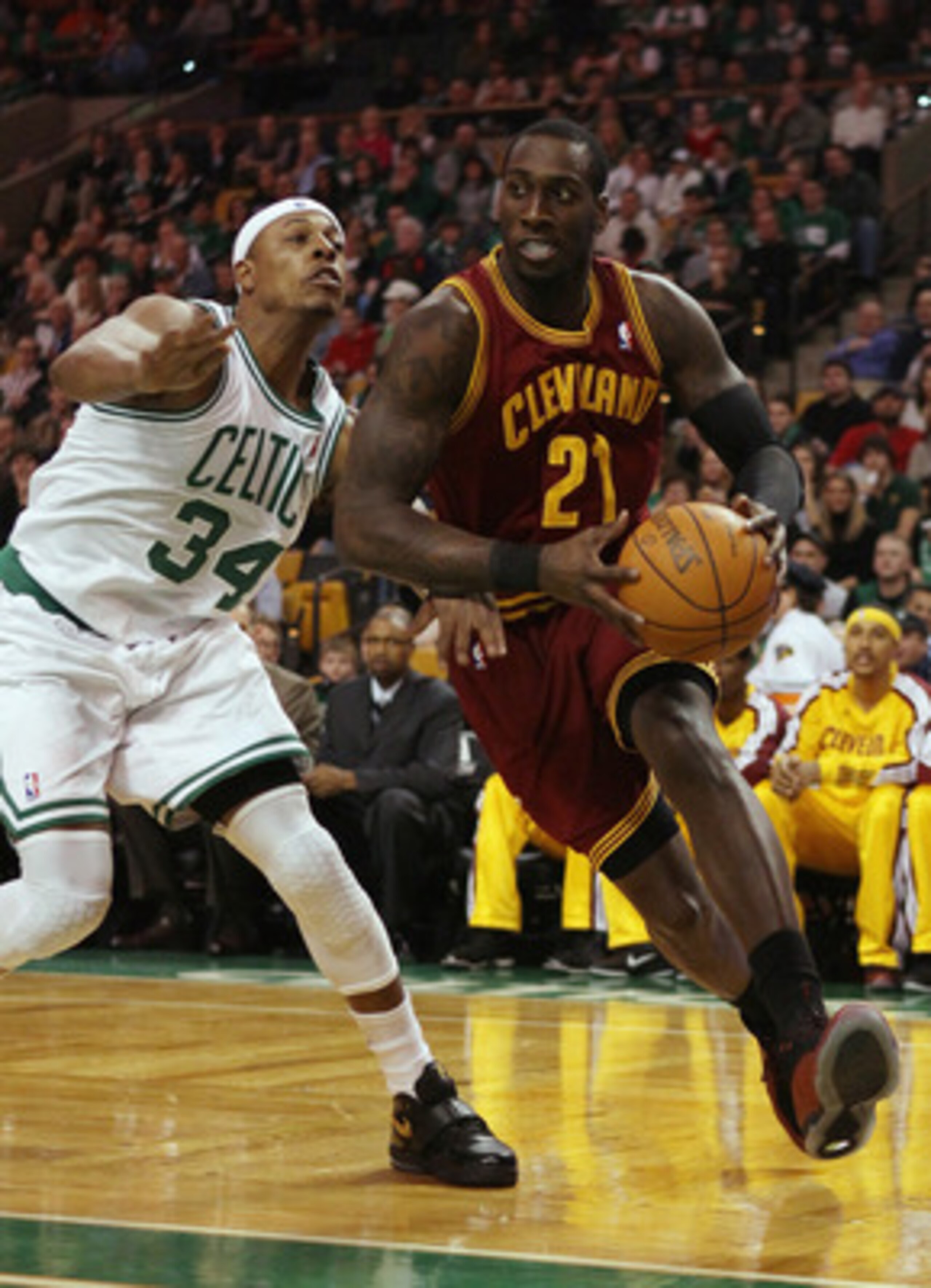 BOSTON, MA - JANUARY 25:  J.J. Hickson #21 of the of the Cleveland Cavaliers heads for the net as Paul Pierce #34 of the Boston Celtics defends on January 25, 2011 at the TD Garden in Boston, Massachusetts.   NOTE TO USER: User expressly acknowledges and 