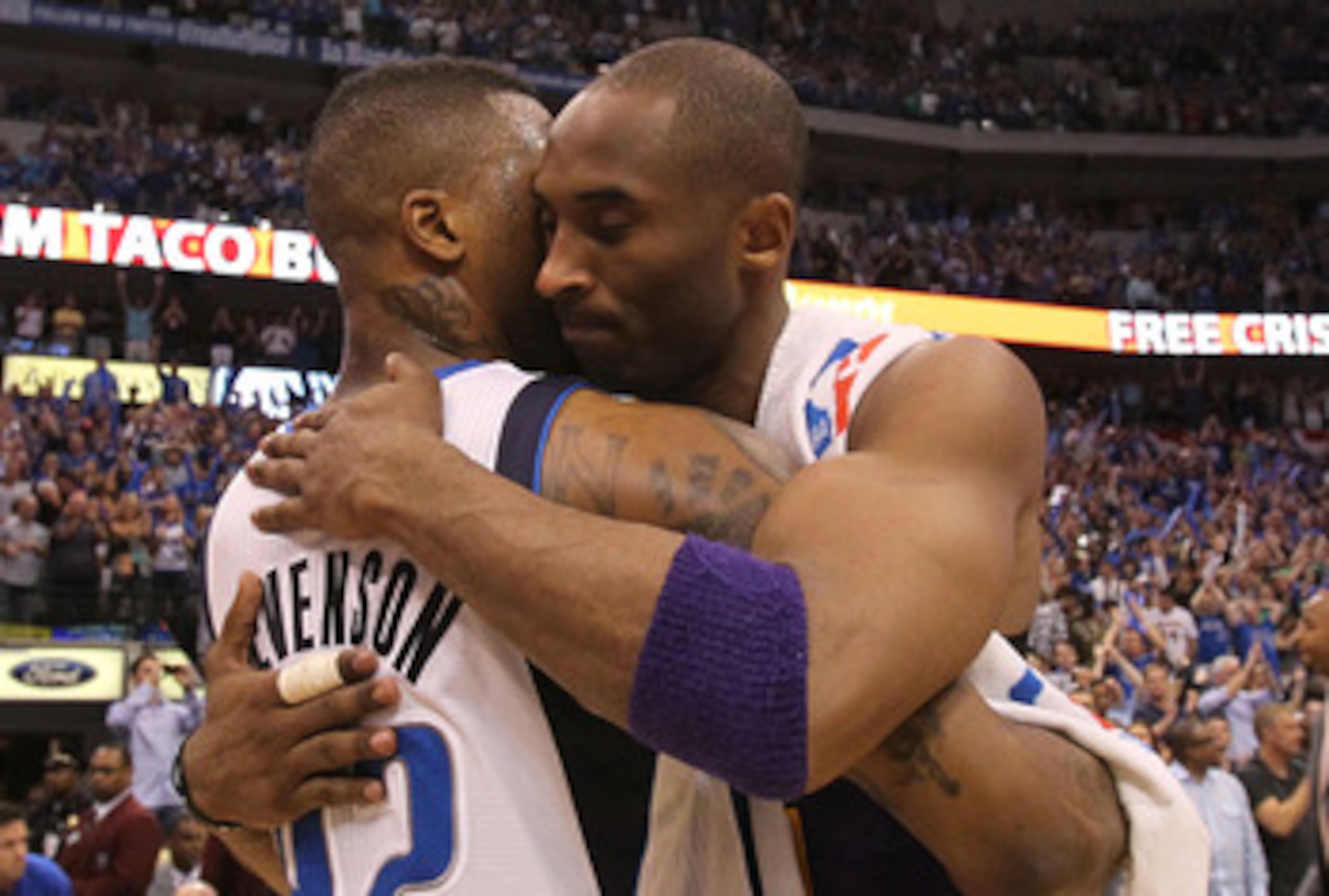 DALLAS, TX - MAY 08: Guard Kobe Bryant #24 of the Los Angeles Lakers hugs DeShawn Stevenson #92 after a loss against the Dallas Mavericks in Game Four of the Western Conference Semifinals during the 2011 NBA Playoffs on May 8, 2011 at American Airlines C DALLAS, TX - MAY 08: Guard Kobe Bryant #24 of the Los Angeles Lakers hugs DeShawn Stevenson #92 after a loss against the Dallas Mavericks in Game Four of the Western Conference Semifinals during the 2011 NBA Playoffs on May 8, 2011 at American Airlines C