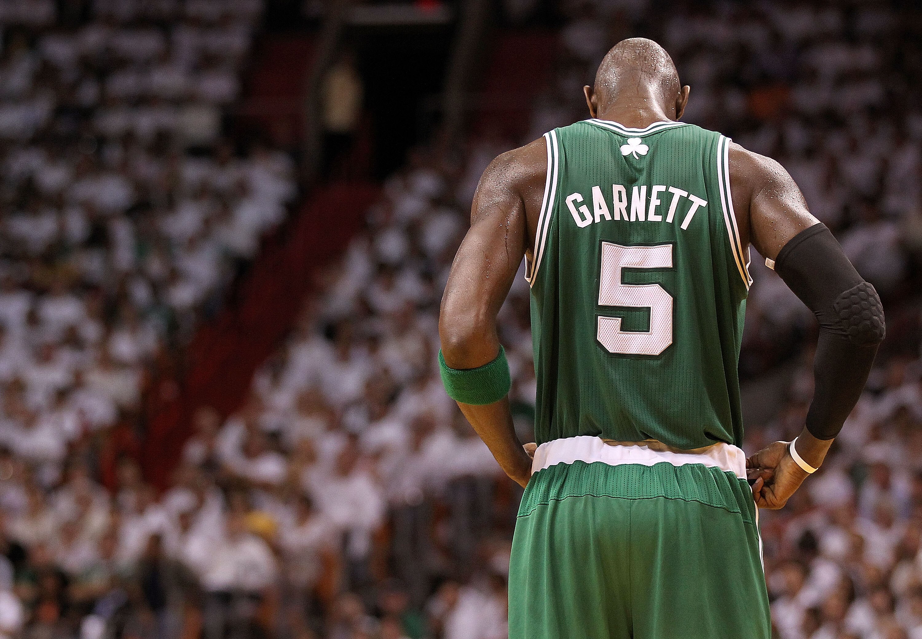 MIAMI, FL - MAY 03: Kevin Garnett #5 of the Boston Celtics looks on during Game Two of the Eastern Conference Semifinals of the 2011 NBA Playoffs against the Miami Heat at American Airlines Arena on May 3, 2011 in Miami, Florida. NOTE TO USER: User expre MIAMI, FL - MAY 03: Kevin Garnett #5 of the Boston Celtics looks on during Game Two of the Eastern Conference Semifinals of the 2011 NBA Playoffs against the Miami Heat at American Airlines Arena on May 3, 2011 in Miami, Florida. NOTE TO USER: User expre