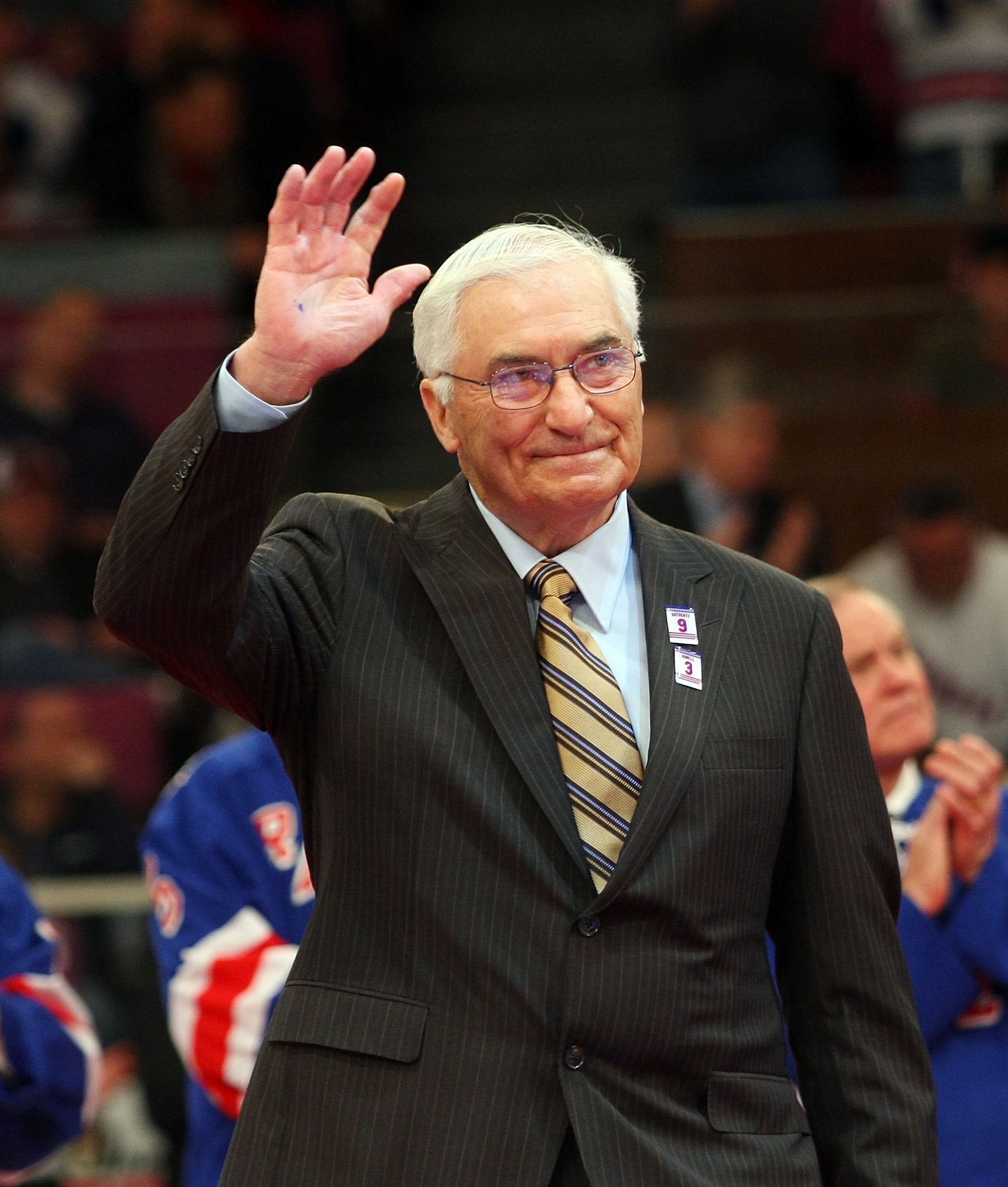 NEW YORK - FEBRUARY 22: Former New York Ranger player Andy Bathgate has his number retired by the team prior to the game between the Toronto Maple Leafs and the New York Rangers on February 22, 2009 at Madison Square Garden in New York City. (Photo by Bru