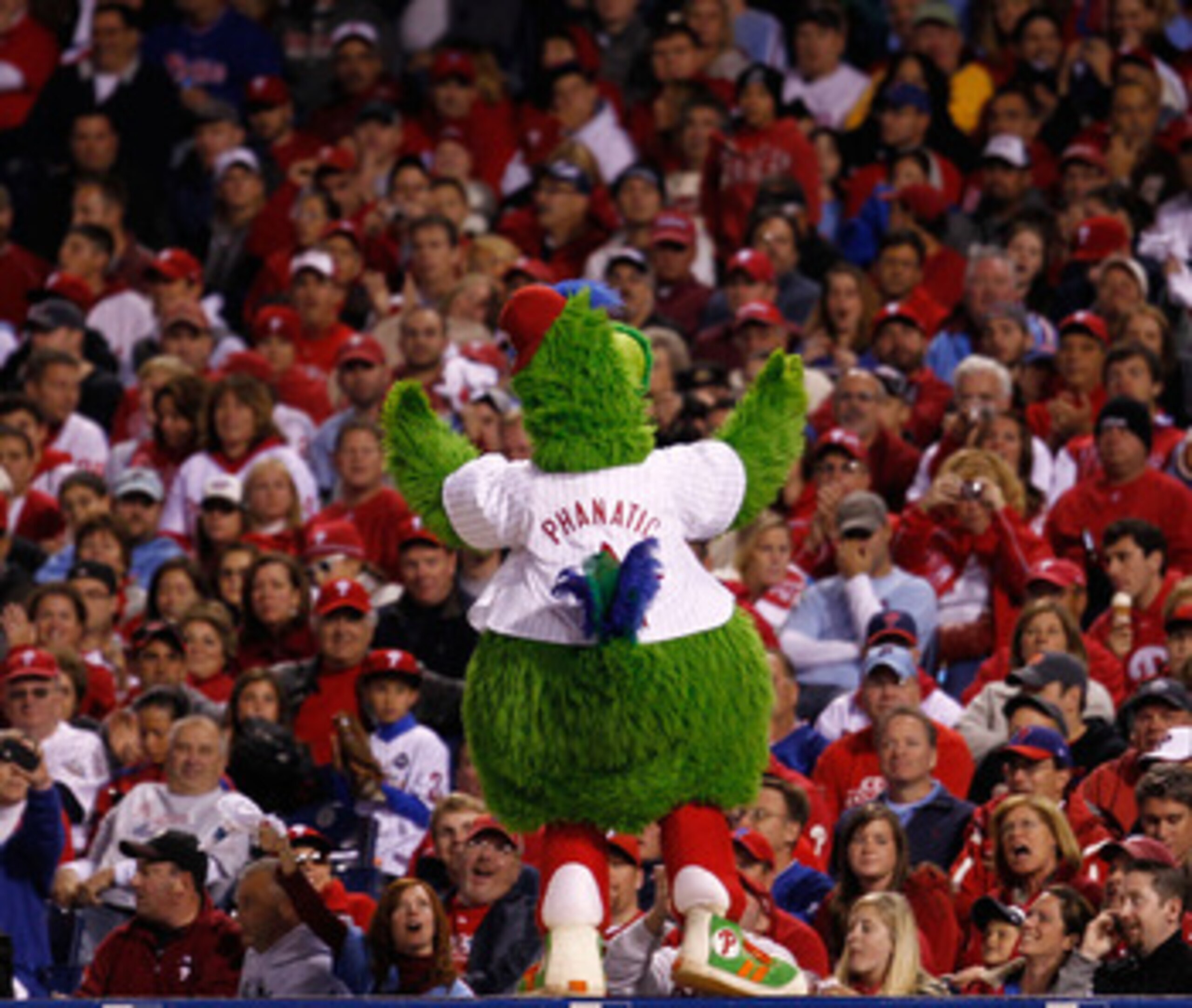 PHILADELPHIA - OCTOBER 17:  The Phillie Phanatic pumps up the crowd as the Phillies take on the San Francisco Giants in Game Two of the NLCS during the 2010 MLB Playoffs at Citizens Bank Park on October 17, 2010 in Philadelphia, Pennsylvania.  (Photo by J