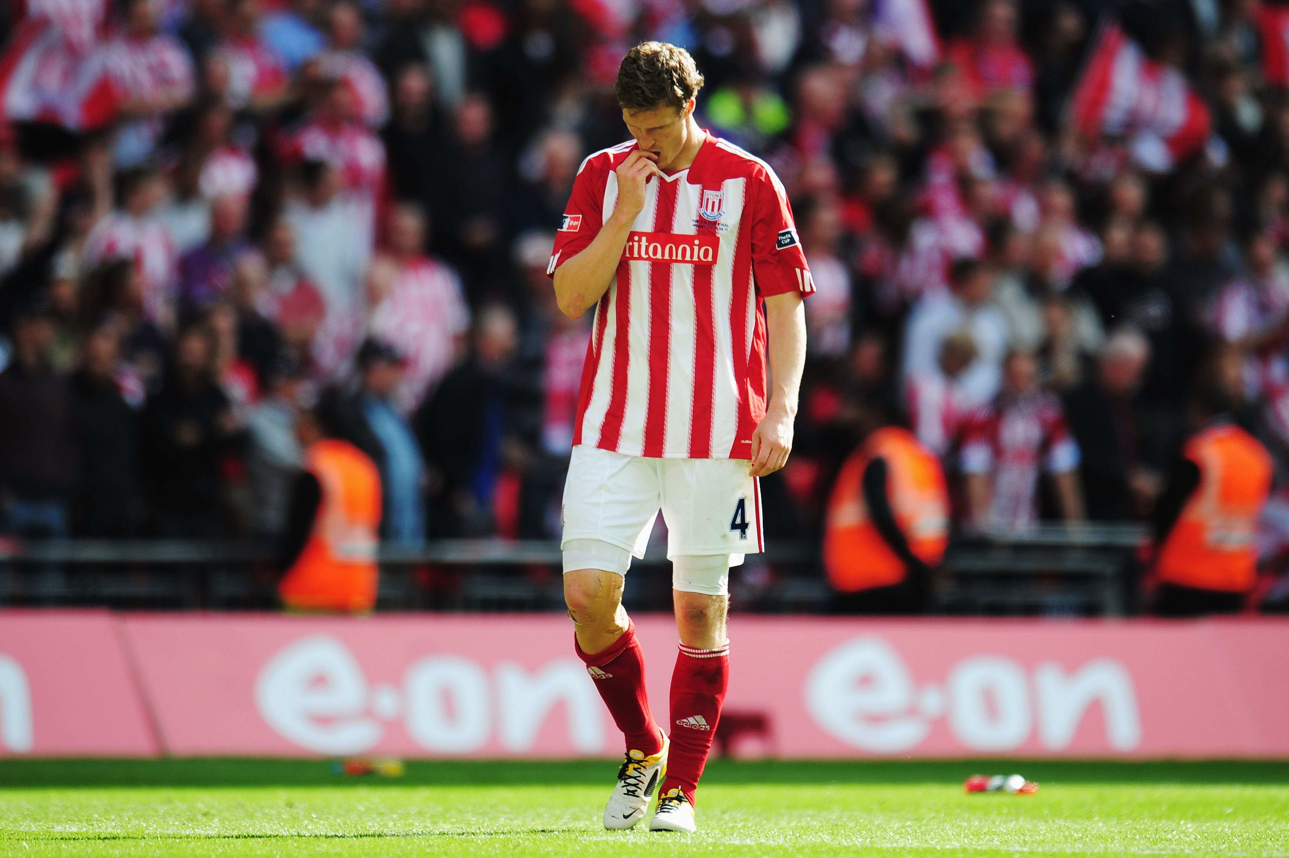 LONDON, ENGLAND - MAY 14:  Robert Huth of Stoke City reacts following his sides defeat during the FA Cup sponsored by E.ON Final match between Manchester City and Stoke City at Wembley Stadium on May 14, 2011 in London, England.  (Photo by Shaun Botterill