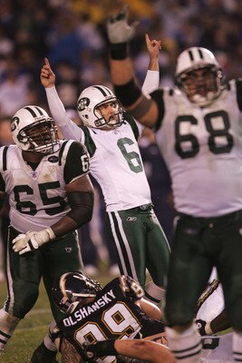 SAN DIEGO - JANUARY 08:  Kicker Doug Brien #6 of the New York Jets celebrates after kicking the game winning field goal in overtime against the San Diego Chargers during the AFC wild-card game at Qualcomm Stadium on January 8, 2005 in San Diego, Californi